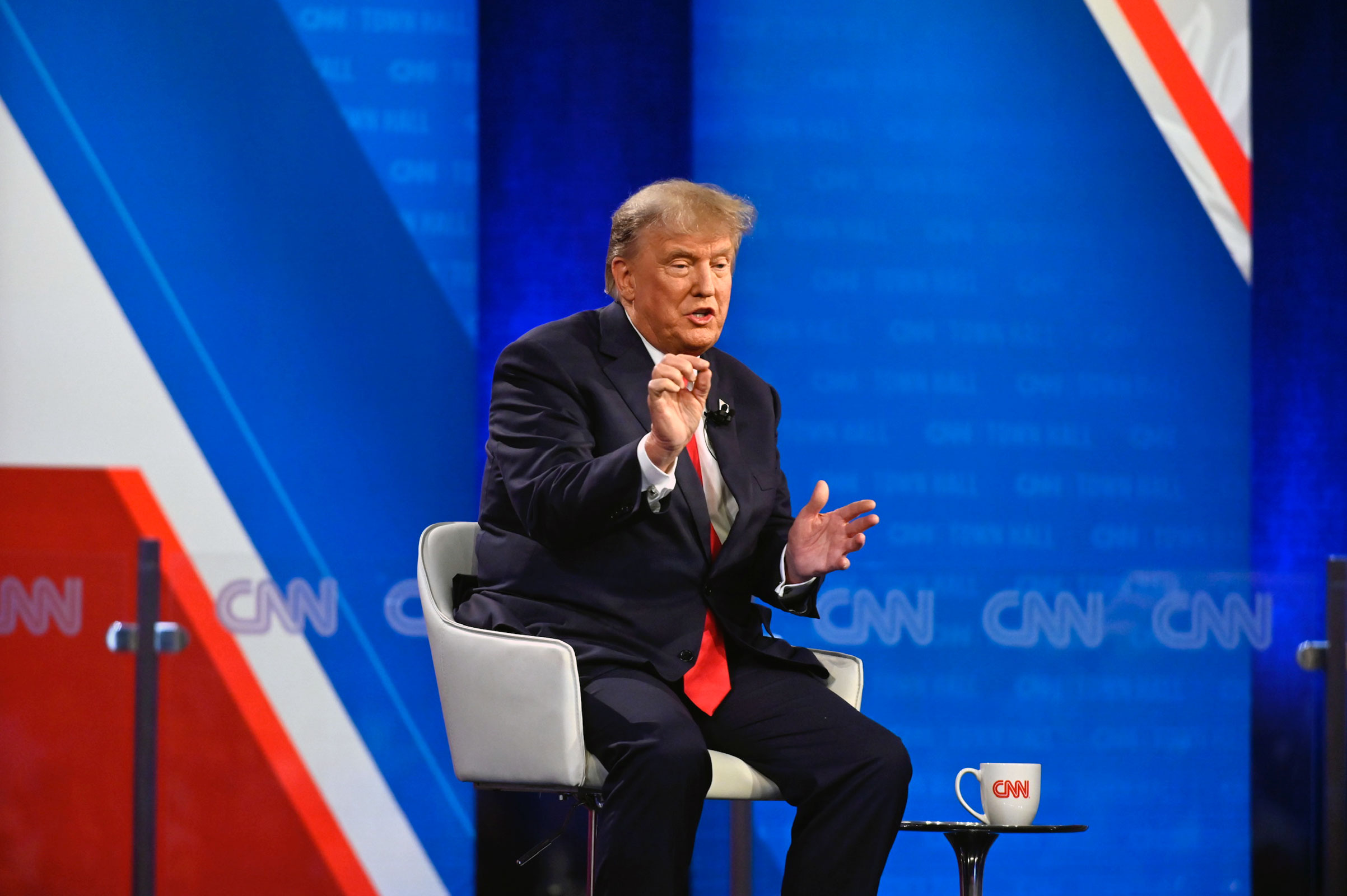 Former President Donald Trump participates in a CNN Republican Town Hall moderated by CNN’s Kaitlan Collins at St. Anselm College in Manchester, New Hampshire.