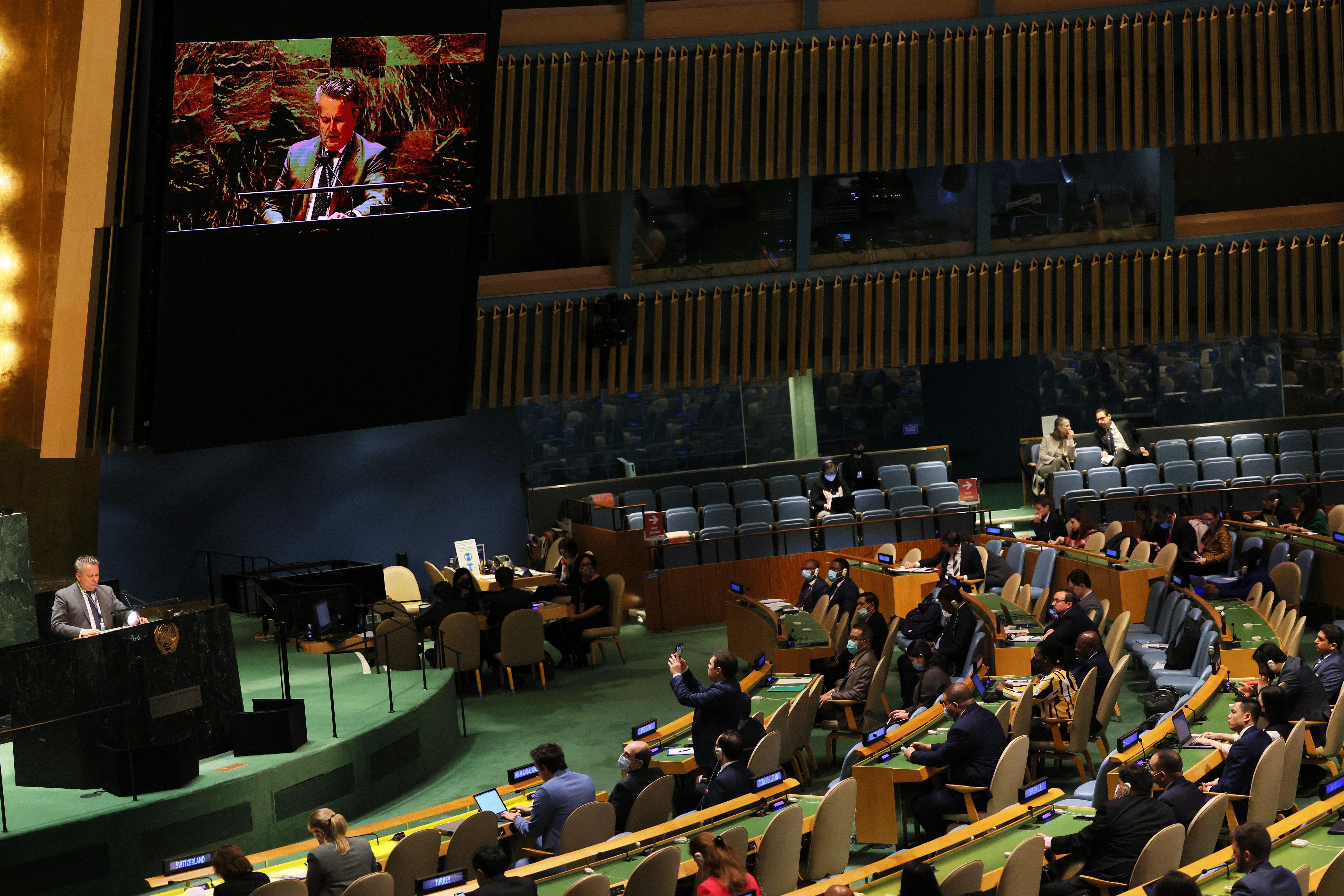 Ukrainian Ambassador to the United Nations Sergiy Kyslytsya addresses the United Nations General Assembly during a special session at the United Nations headquarters on March 23, in New York City. 