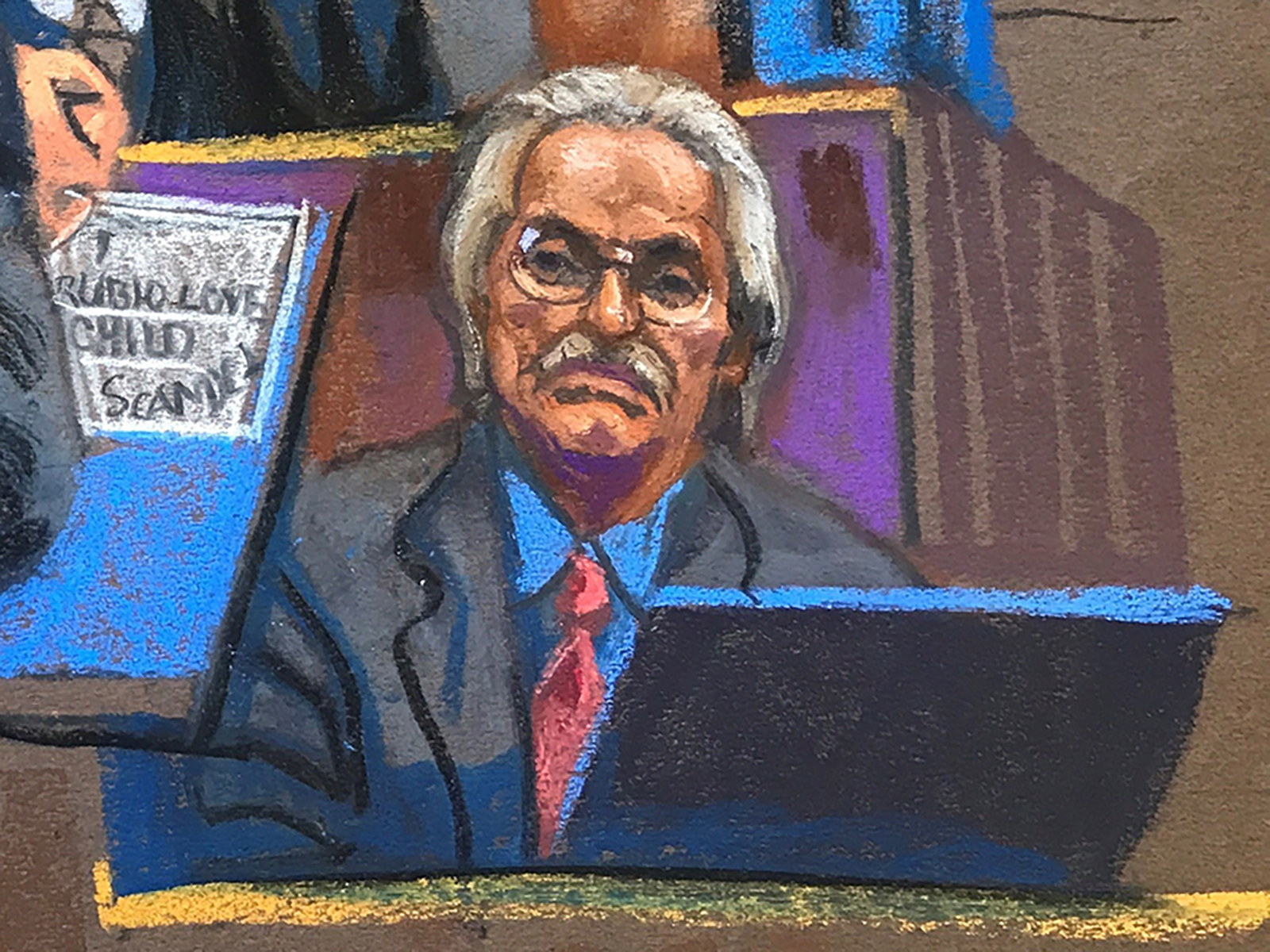 In this sketch from court, David Pecker testifies in Manhattan Criminal Court in New York on Tuesday.
