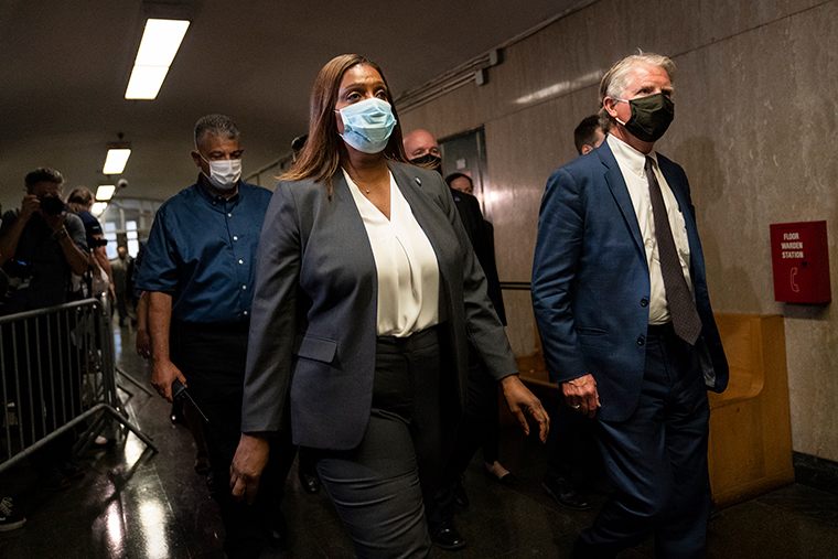 Letitia James, Attorney General of New York, center, and Cyrus Vance Jr., New York County District Attorney, right, leave Manhattan criminal court, Thursday, July 1, in New York. 