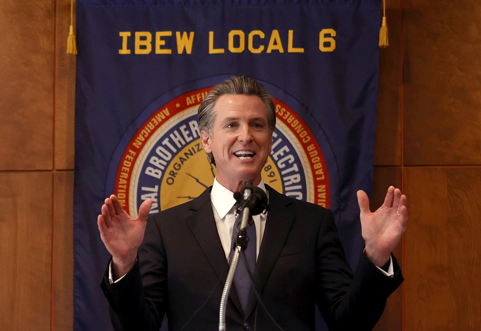 California Gov. Gavin Newsom speaks to union workers and volunteers on election day at the IBEW Local 6 union hall on September 14 in San Francisco.