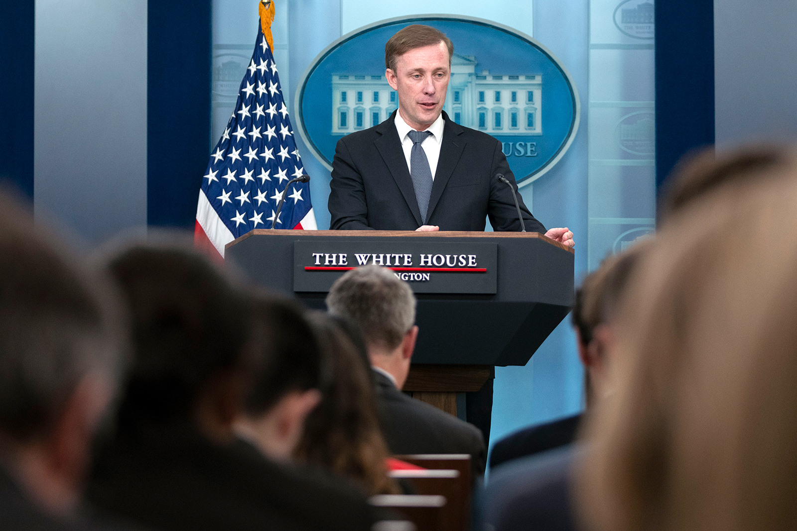 National Security Advisor Jake Sullivan speaks during a press briefing at the White House in Washington, DC, on February 14. 