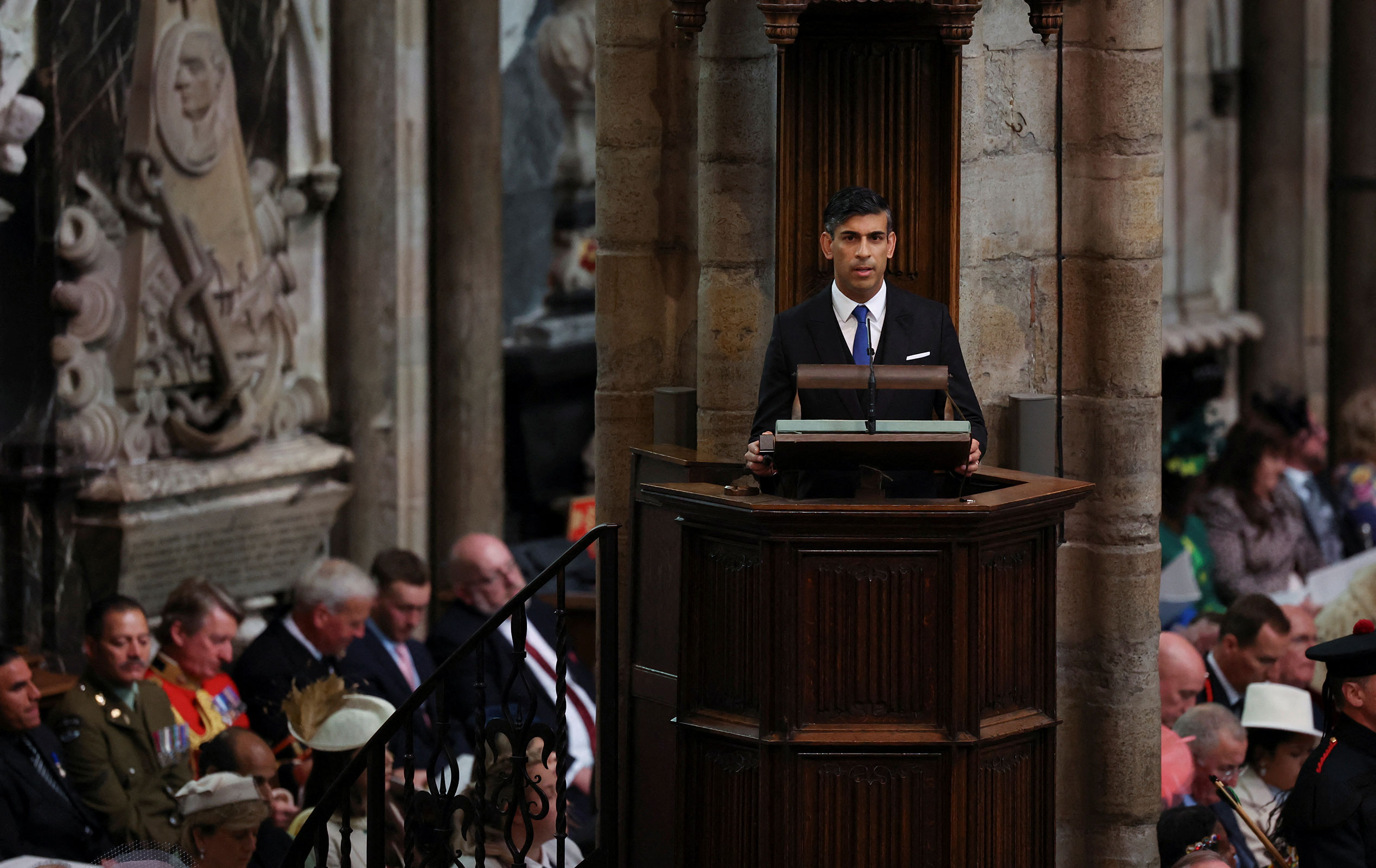 Prime Minister Rishi Sunak speaks during Britain's King Charles and Queen Camilla's coronation ceremony.