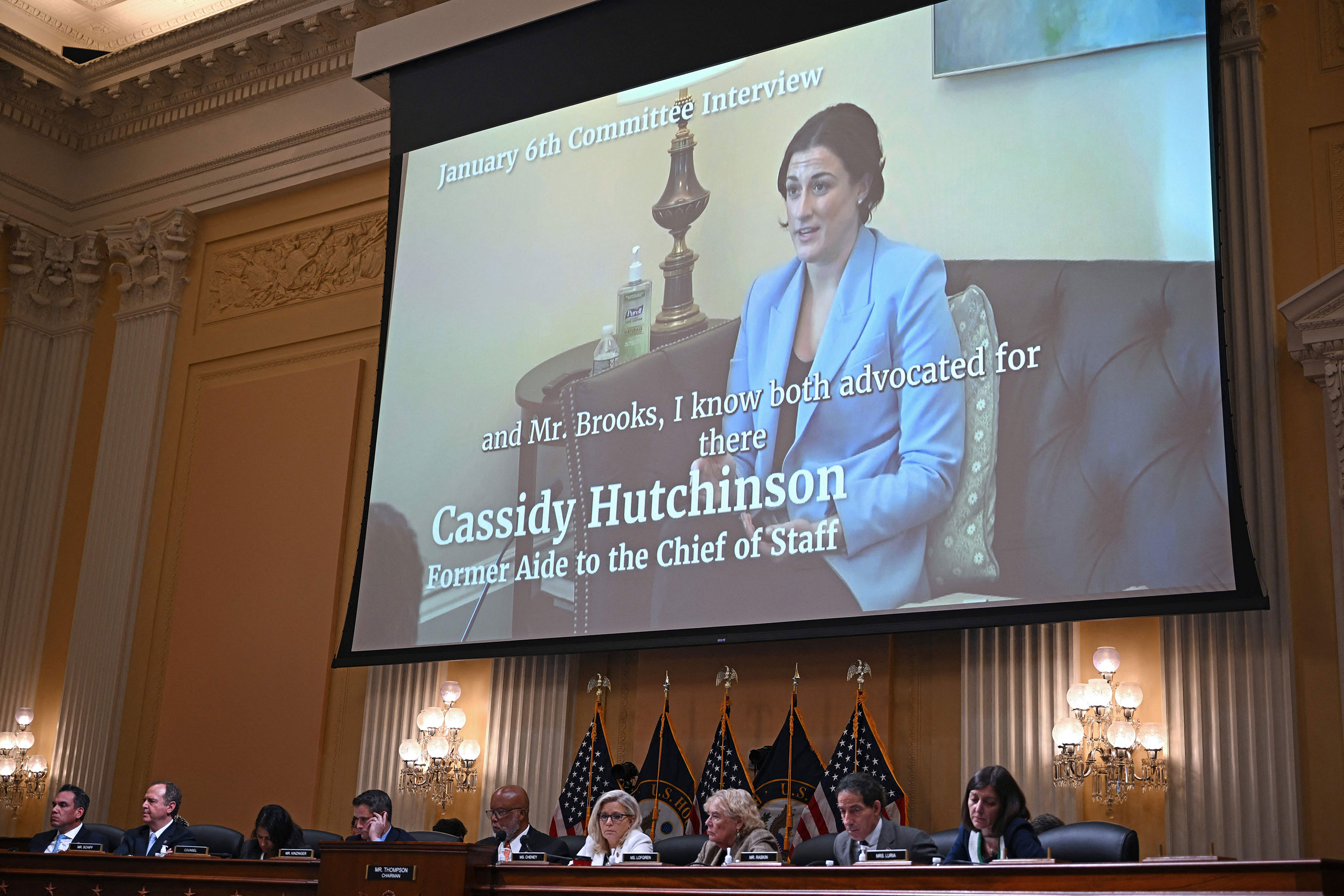 A video of Cassidy Hutchinson, aide to former White House Chief of Staff Mark Meadows, appears on screen during the hearing on June 23.