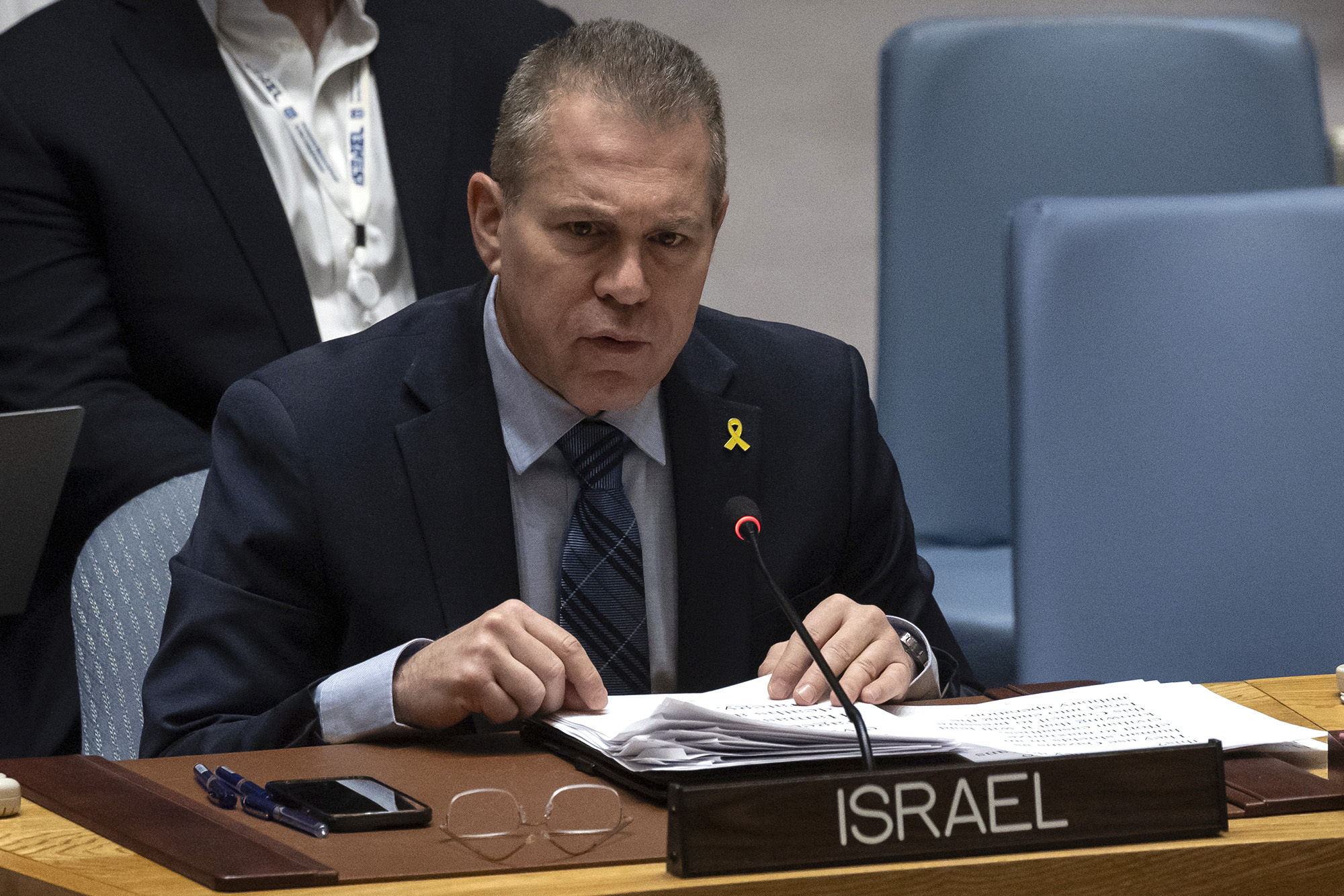 Gilad Erdan, Permanent Representative of Israel to the United Nations, speaks during a Security Council meeting at United Nations headquarters on March 22.