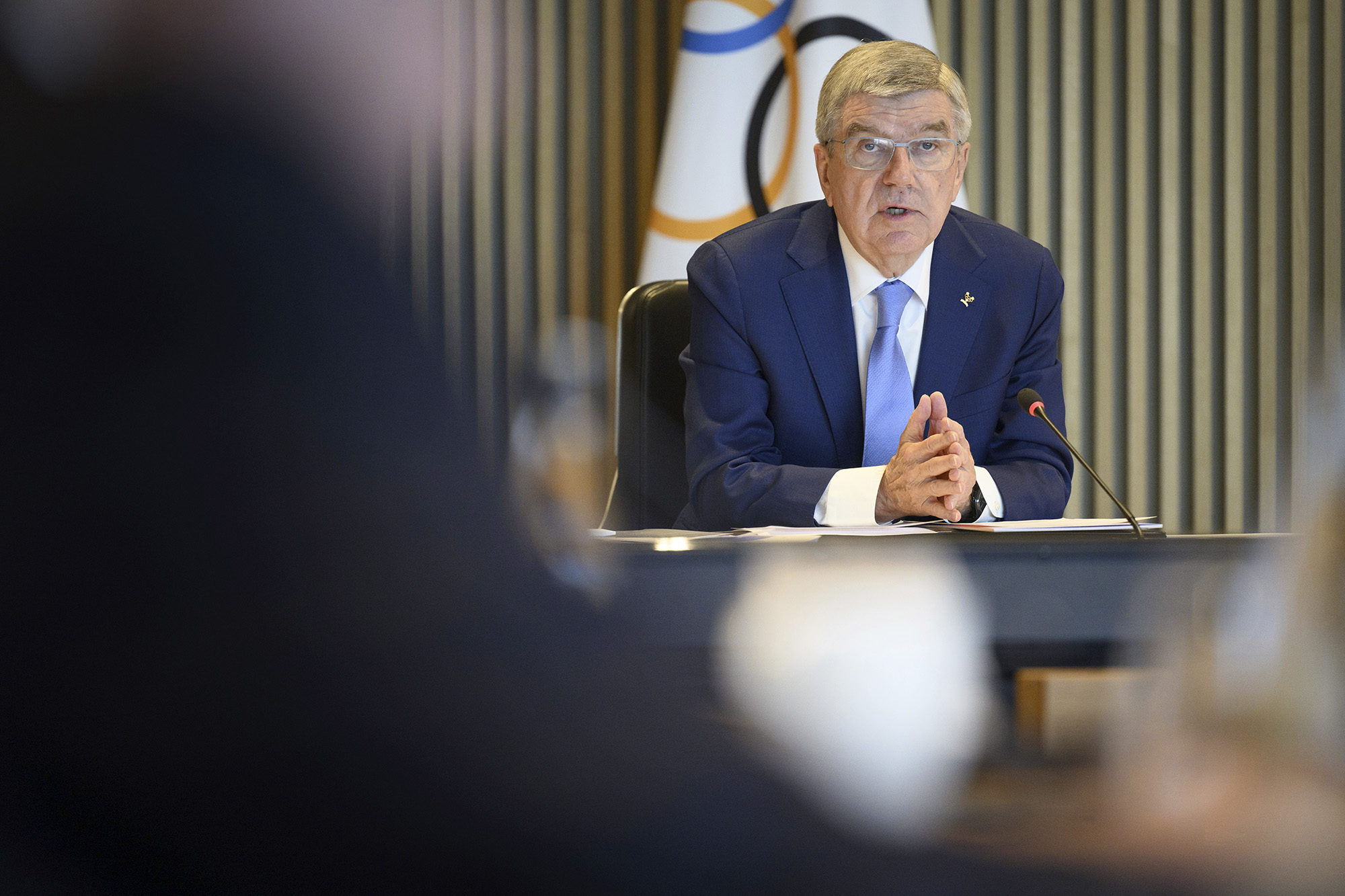 International Olympic Committee (IOC) President Thomas Bach speaks at the opening of the executive board meeting of the IOC in Lausanne, Switzerland, on March 28.