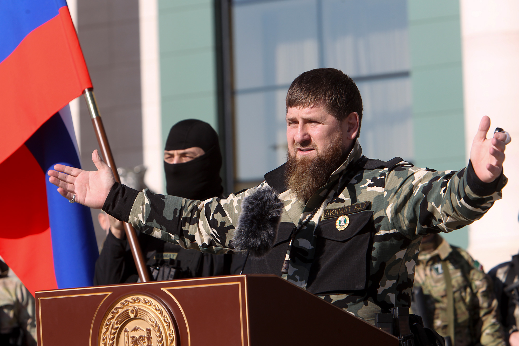 Ramzan Kadyrov, leader of the Russian province of Chechnya gestures speaking to about 10,000 troops in Chechnya's regional capital of Grozny, Russia, on Tuesday, March 29, 2022.
