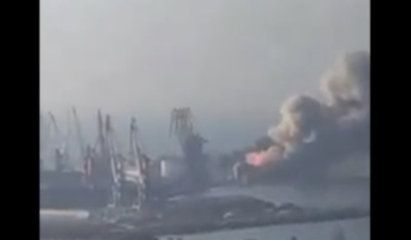 A fire at Berdyansk port is seen in this image from social media on March 24.