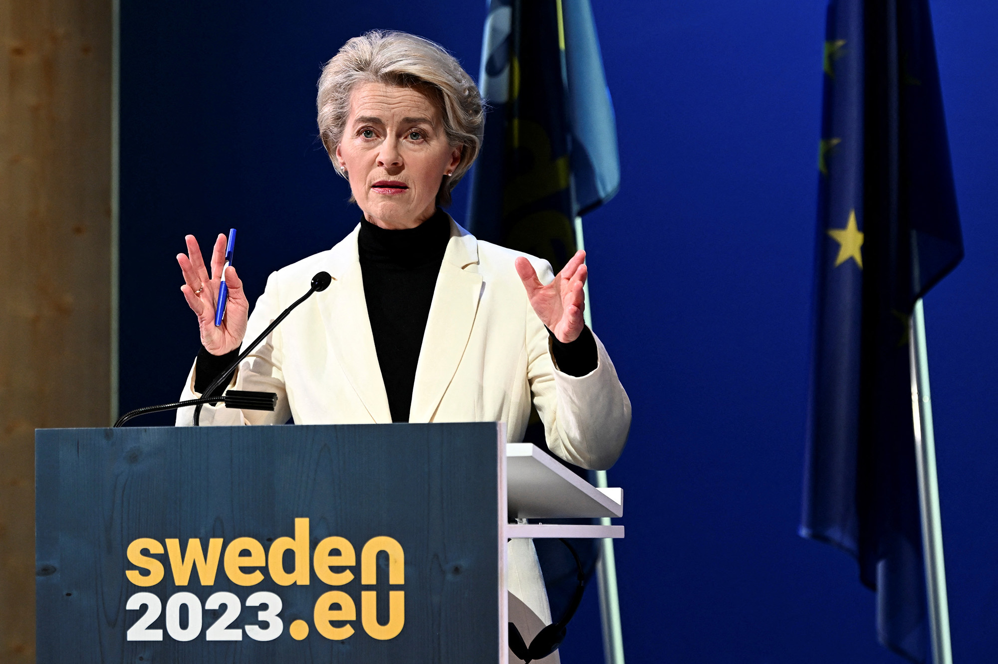EU Commission President Ursula von der Leyen attends a news conference in Kiruna, Sweden, on January 13.