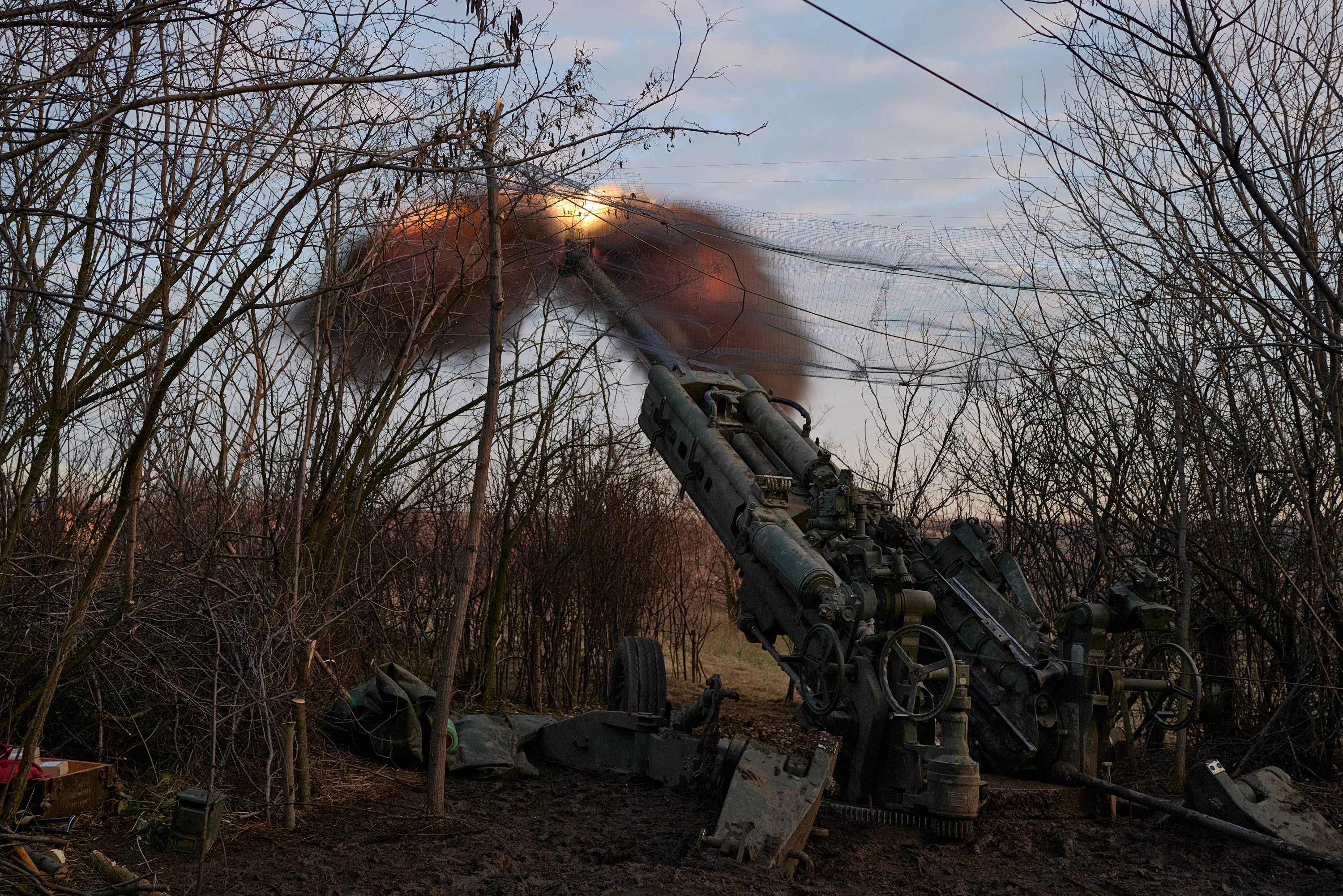 Soldiers of the Ukrainian 55th artillery brigade operate on the frontline on Thursday, in Bakhmut.