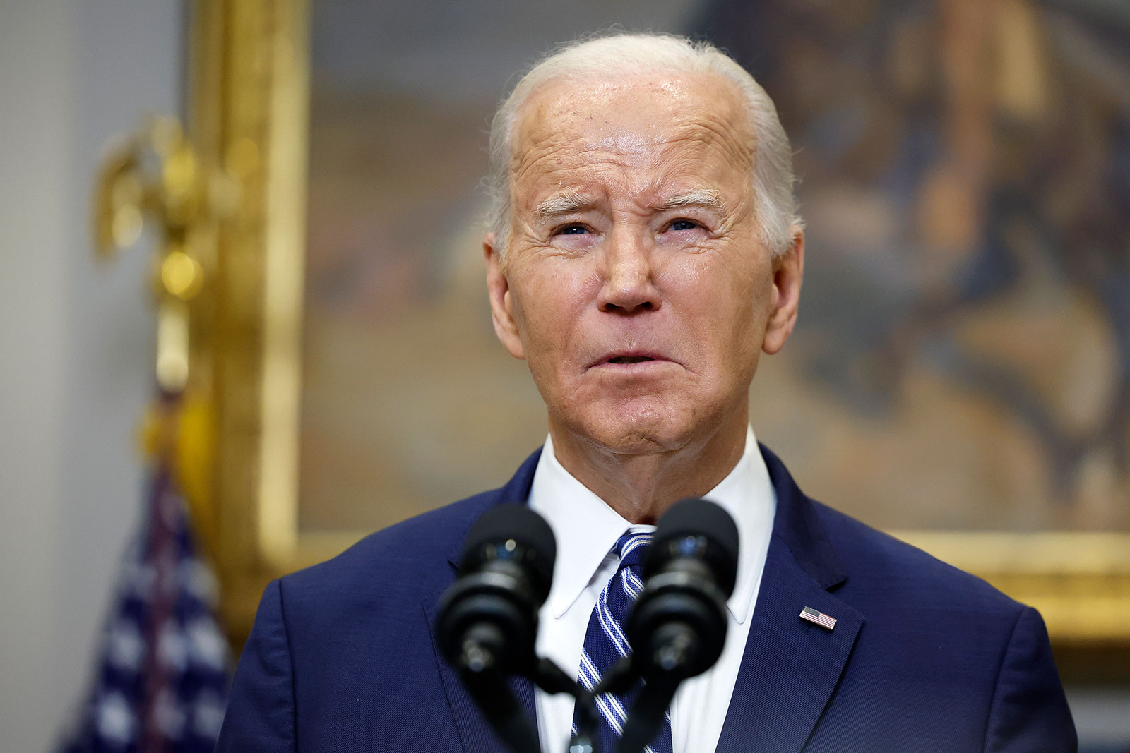 President Joe Biden delivers remarks on the reported death of Alexei Navalny from the Roosevelt Room of the White House on Friday, February 16.
