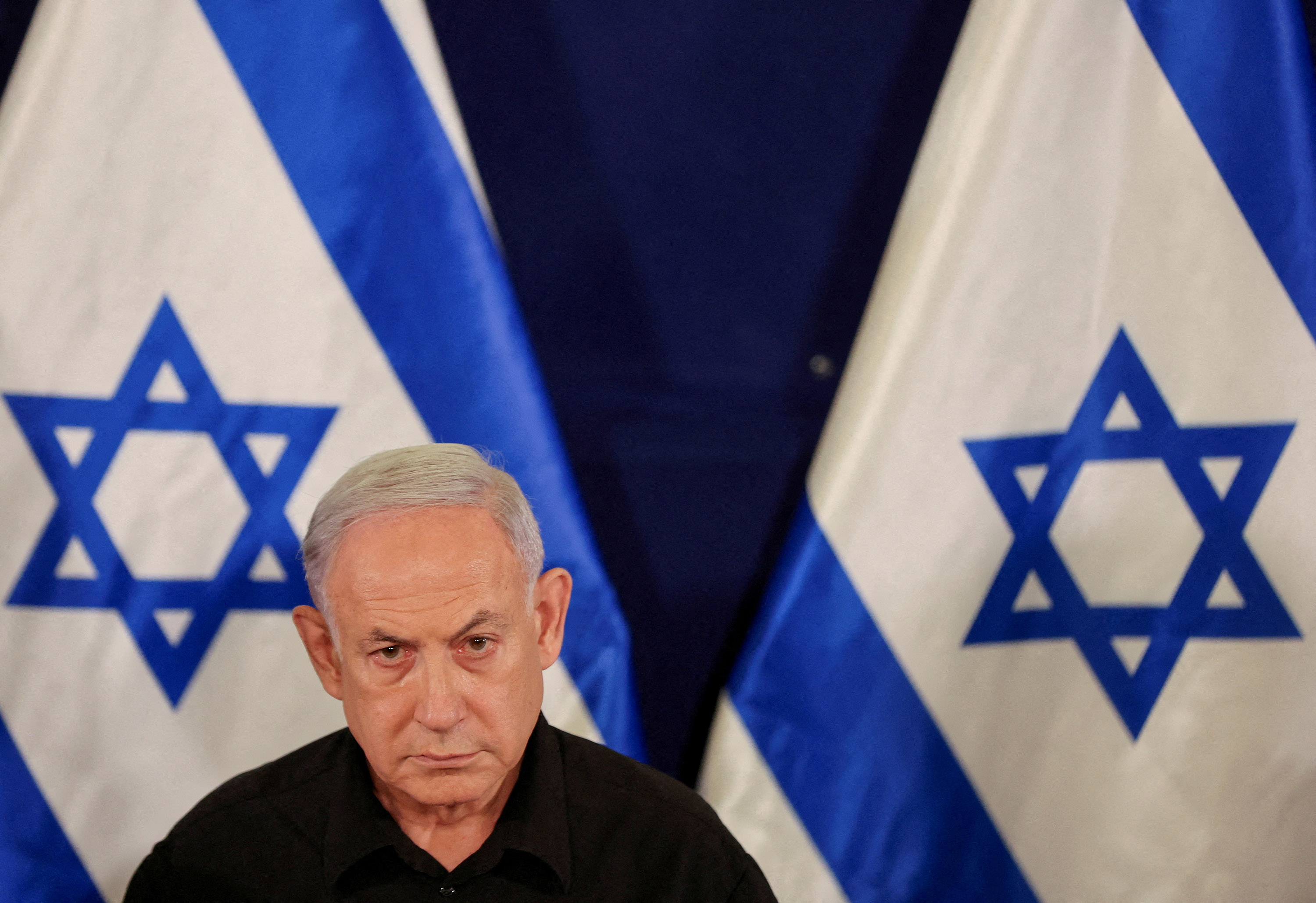 Israeli Prime Minister Benjamin Netanyahu is pictured during a press conference at the Kirya military base in Tel Aviv , Israel, on October 28