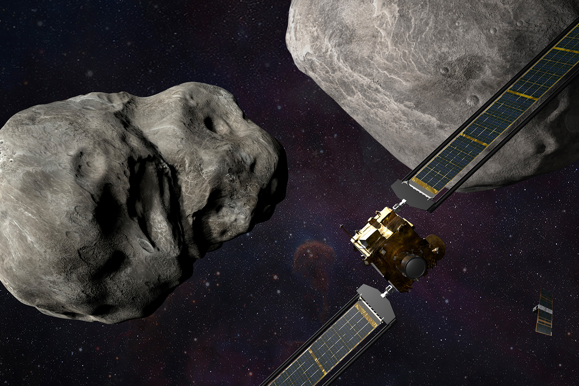 This illustration depicts NASA's DART probe, foreground right, and the Italian Space Agency's LICIACube, bottom right, at the Didymos system before impact with the asteroid Dimorphos, left. 