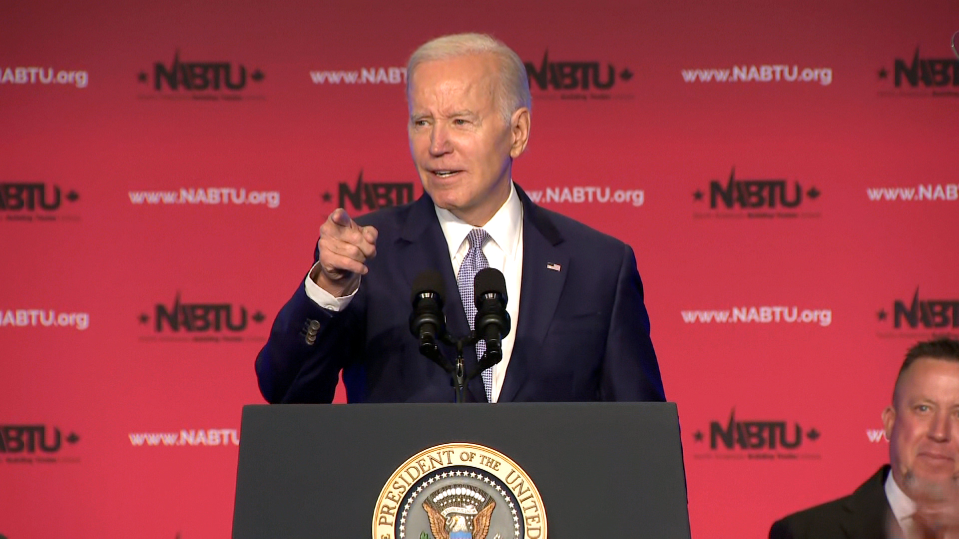 President Joe Biden speaks at the North America’s Building Trades Unions 2023 Legislative Conference in Washington, DC.