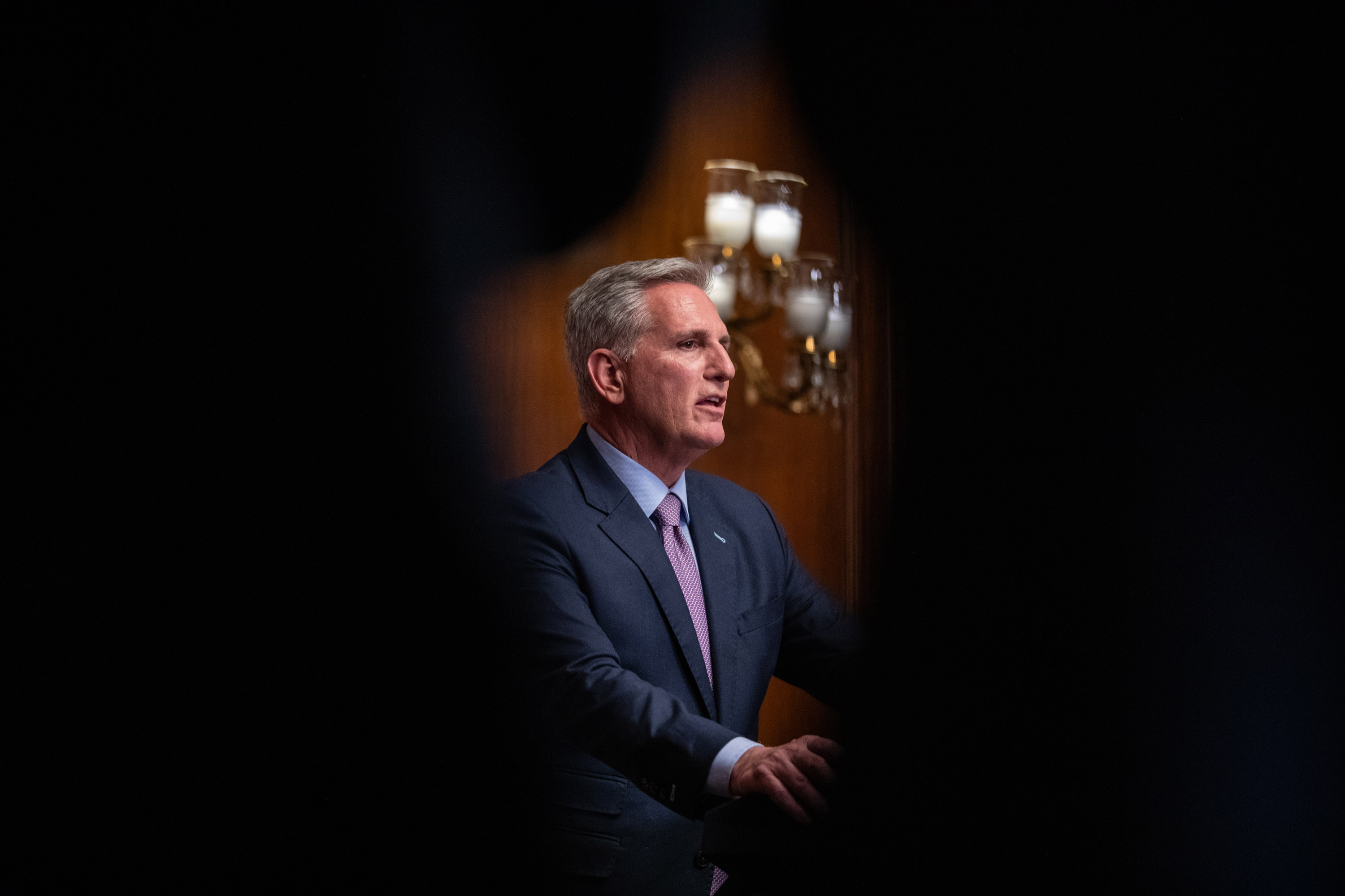 Former House Speaker Kevin McCarthy speaks to the press after the motion to vacate his position passes in the U.S. Capitol on October 3, in Washington, DC. 