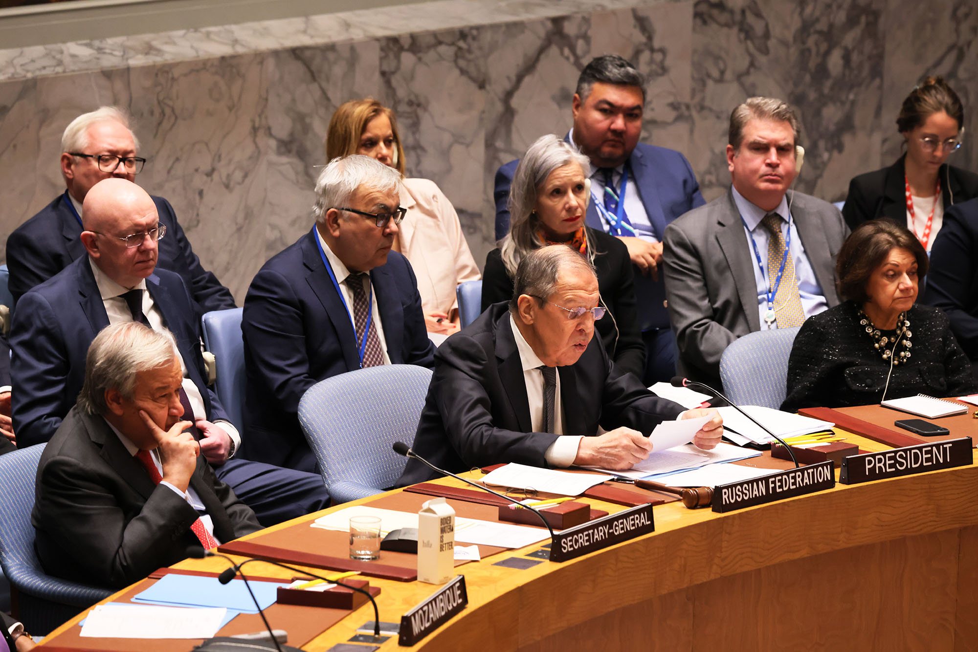 Russian Foreign Minister and Security Council Acting President for the month of April Sergey Lavrov, center, speaks during a Security Council meeting at the United Nations headquarters on April 24, in New York City. 