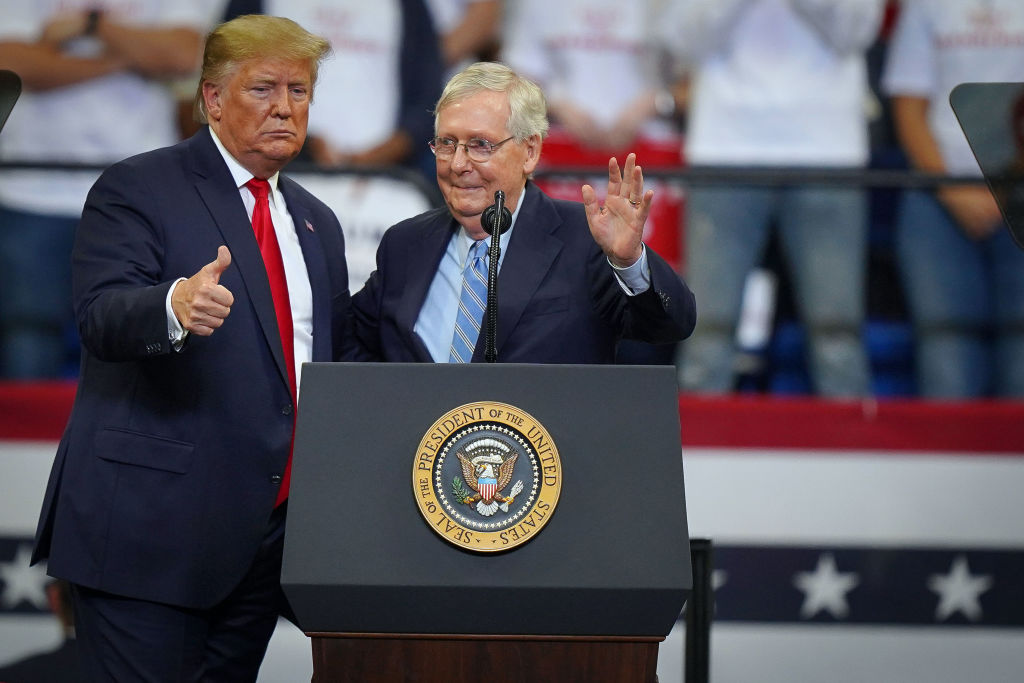 President Donald Trump appears with Mitch McConnell at a campaign rally in Lexington, Kentucky on November 4, 2019.
