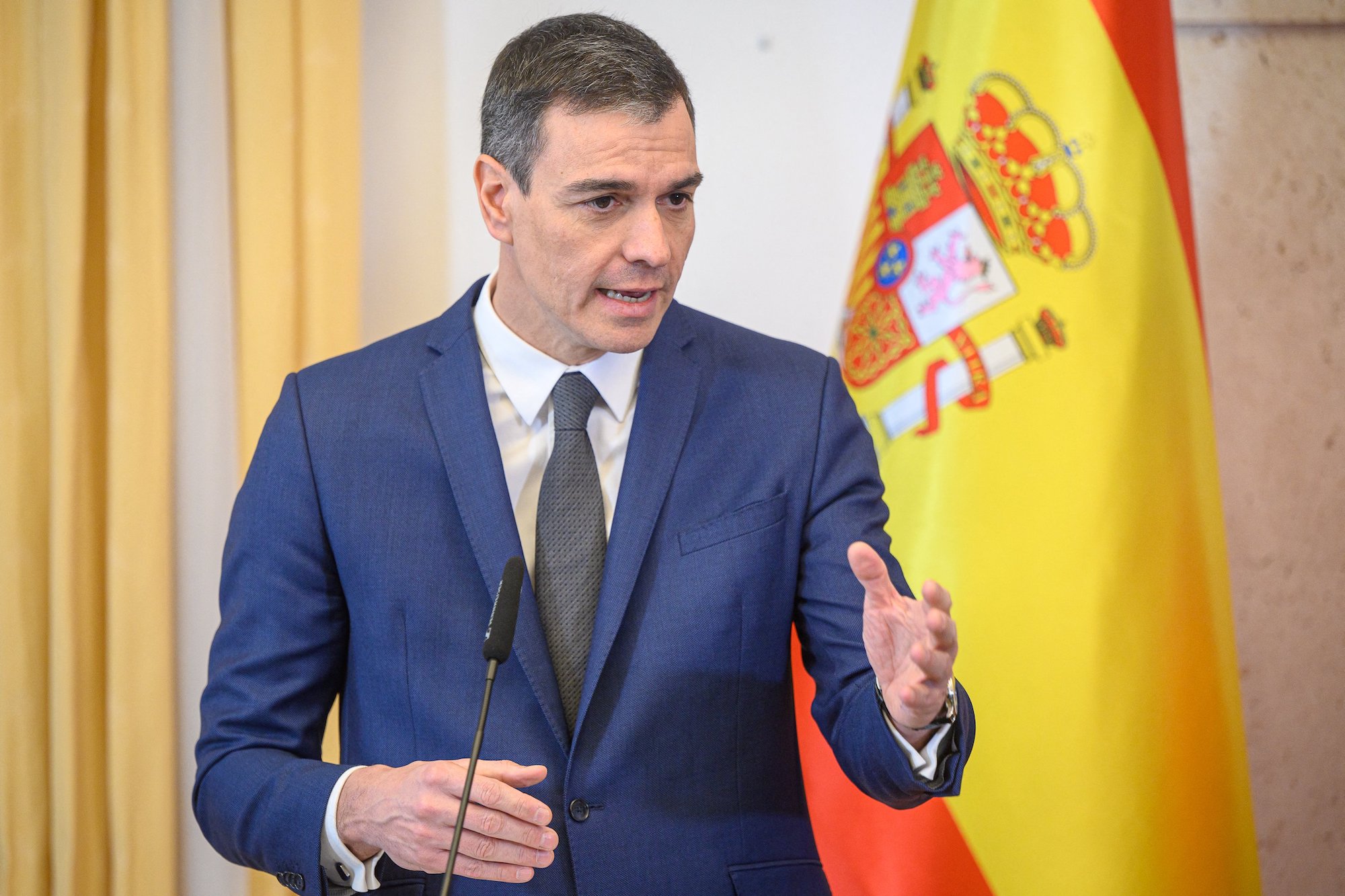 Spanish Prime Minister Pedro Sánchez gives a press conference in Slovenia on February 17.