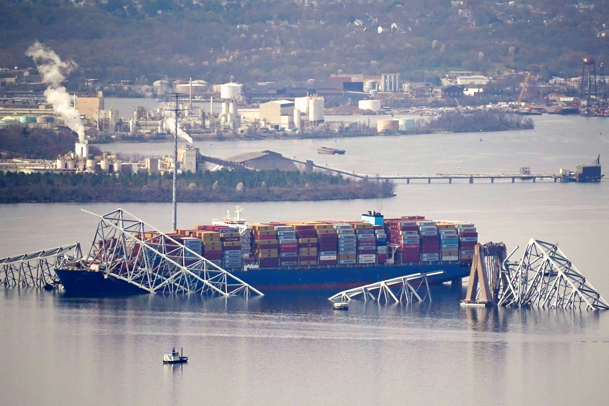 View of the Dali cargo vessel and collapsed Francis Scott Key Bridge in Baltimore, Maryland, on March 26. 