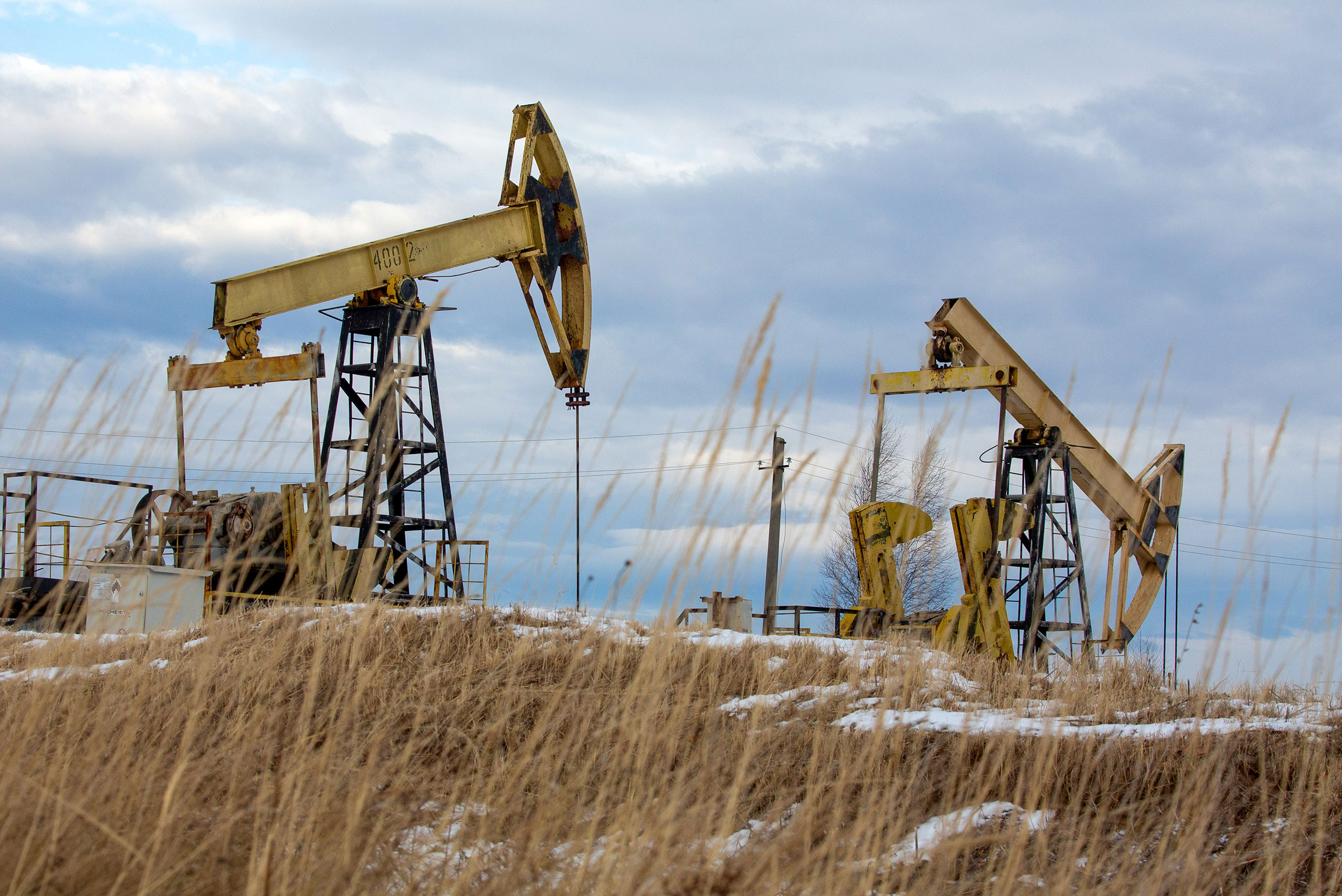 Oil pumpjacks are seen in Udmurt Republic, Russia, in November 2020.