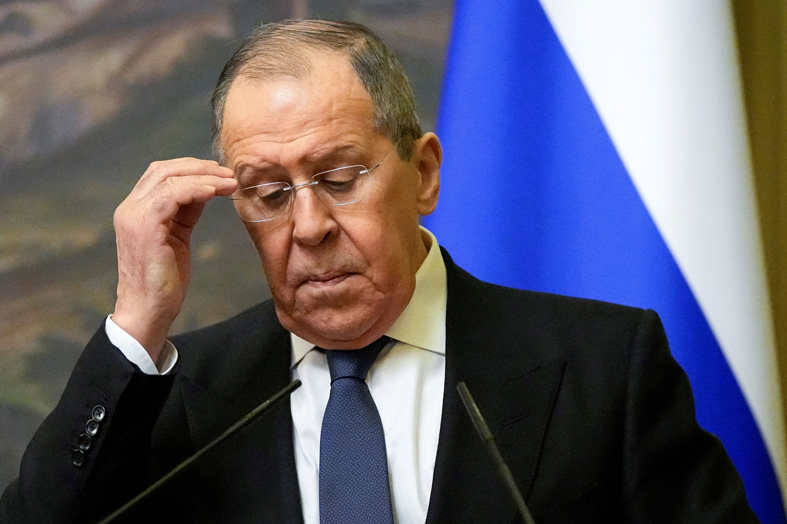 Russian Foreign Minister Sergey Lavrov attends a joint news conference following talks with Armenian Foreign Minister Ararat Mirzoyan in Moscow, on April 8.