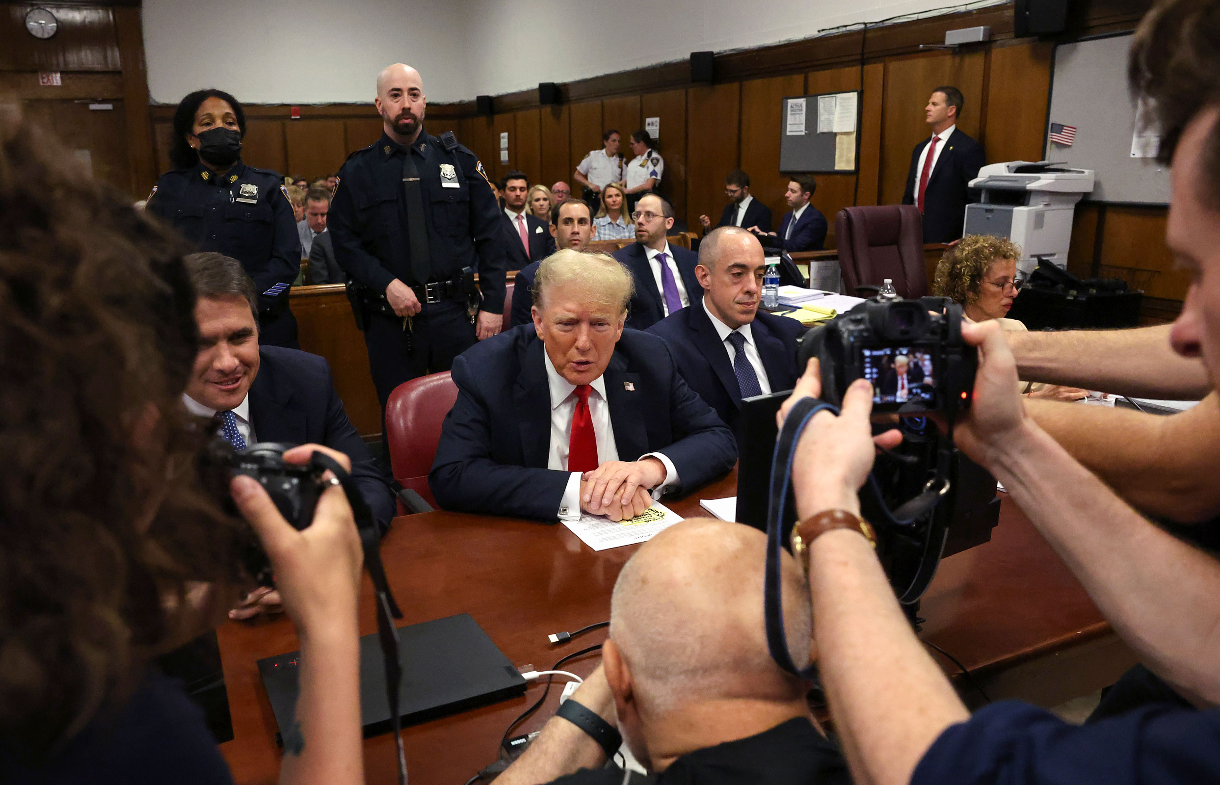 Former President Donald Trump appears in court with his lawyers Todd Blanche, Emil Bove and Susan Necheles for his hush money trial at Manhattan Criminal Court on May 28 in New York City. 