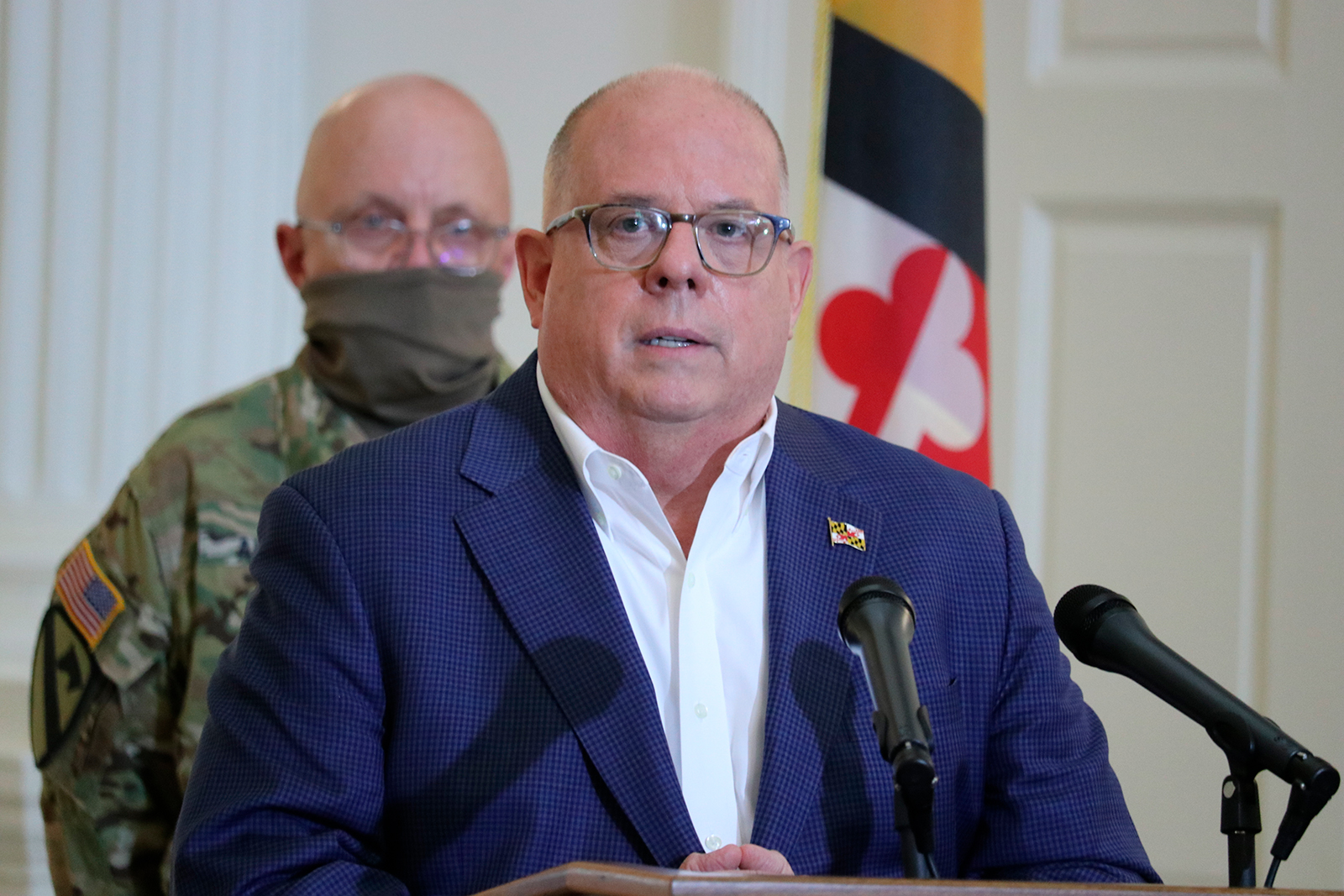 Maryland Gov. Larry Hogan announces that all nursing homes and assisted-living facilities in the state must conduct universal coronavirus testing of all residents and staff, whether they have symptoms or not, during a news conference on April 29, in Annapolis, Maryland.