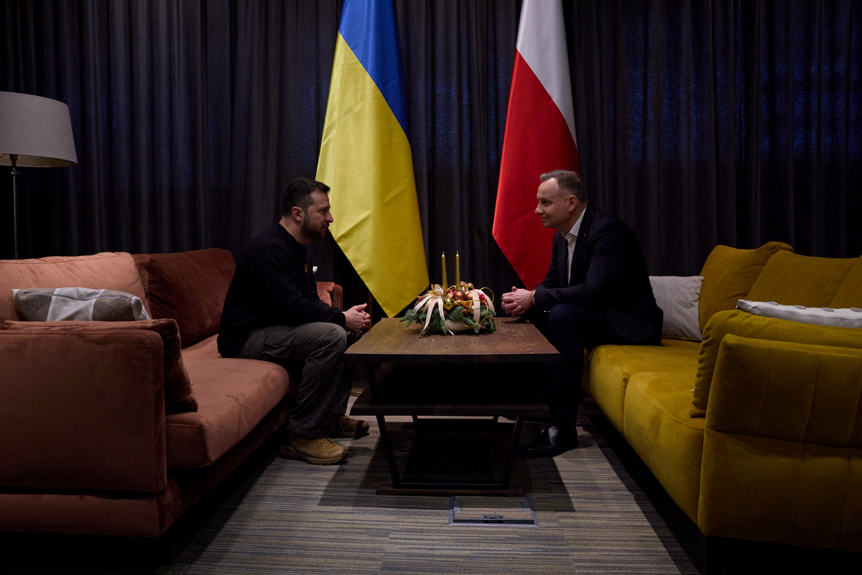 Ukrainian President Volodymyr Zelensky attends a meeting with Polish President Andrzej Dudain in Rzeszow, Poland on Thursday.