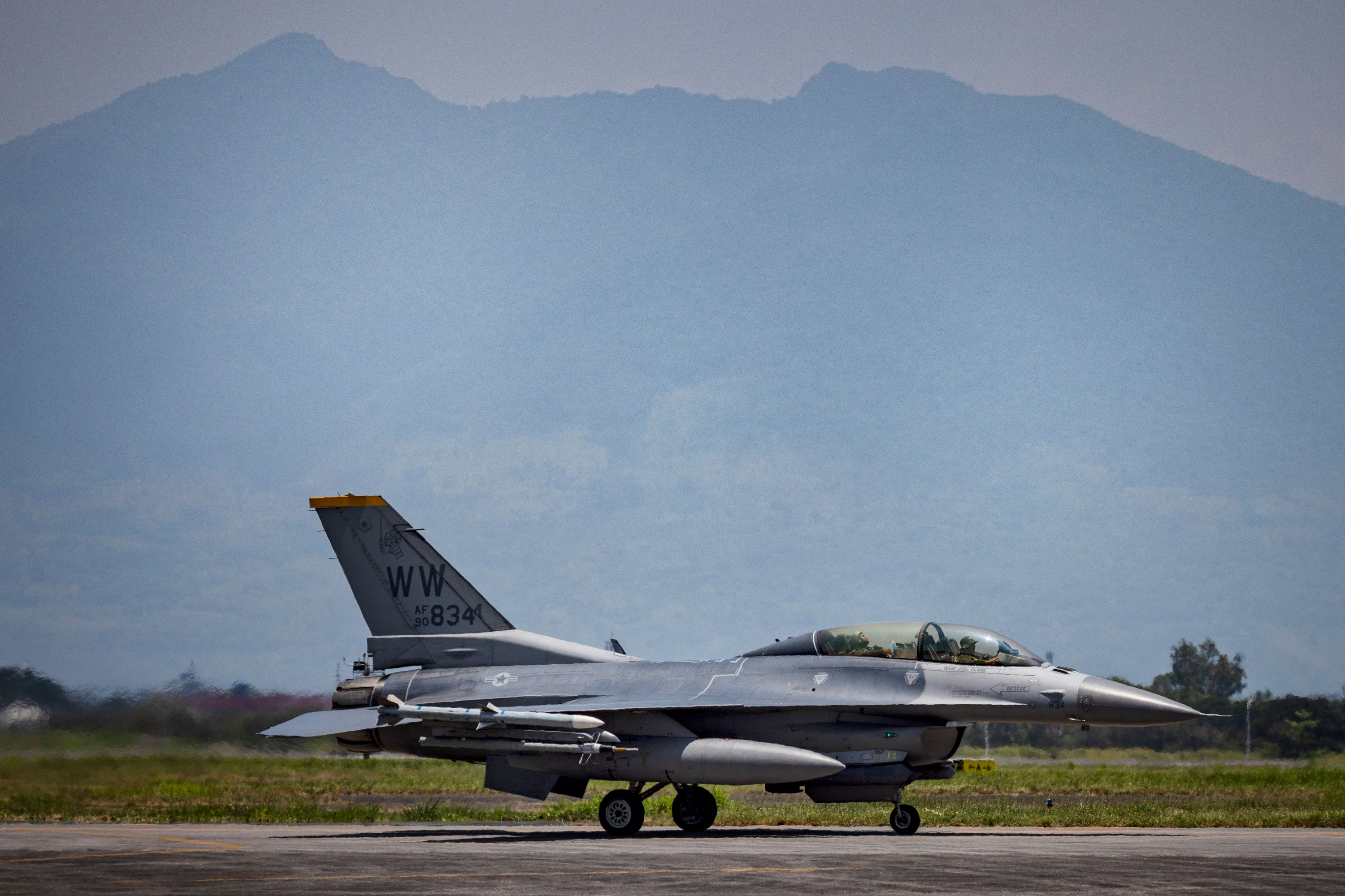 A U.S. Air Force F16 taxis on the runway during U.S.-Philippines joint air force exercises dubbed Cope Thunder at Clark Air Base on May 09, 2023 in Mabalacat, Pampanga province, Philippines.