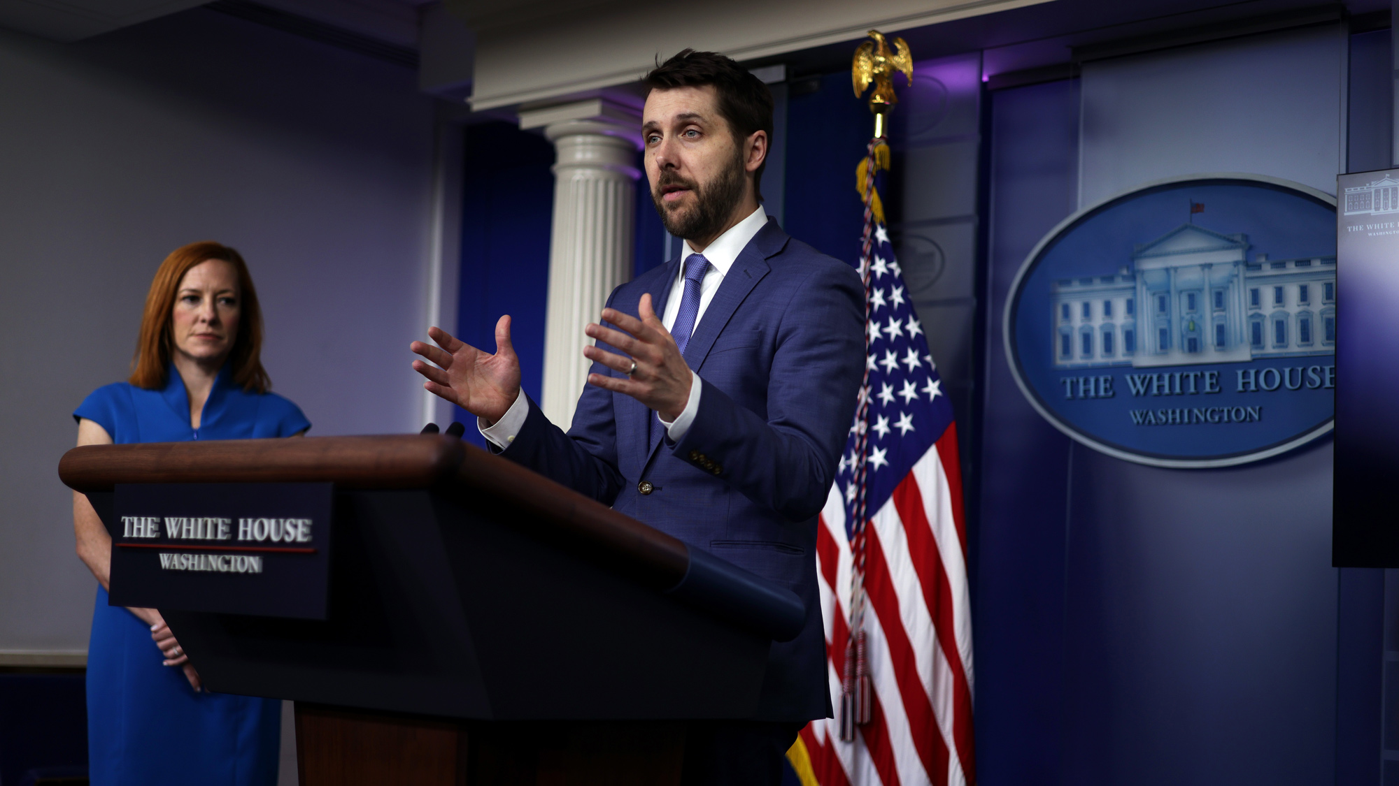 National Economic Council Director Brian Deese speaks as White House Press Secretary Jen Psaki looks on during a daily press briefing at the James Brady Press Briefing Room of the White House on June 4 in Washington, DC.