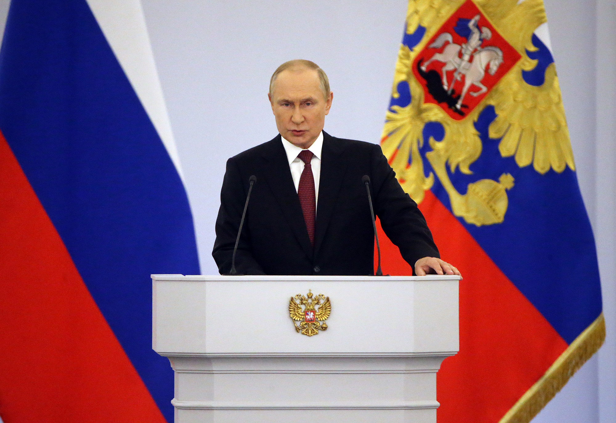 Russian President Vladimir Putin speaks during the signing ceremony with separatist leaders on the annexation of four Ukrainian regions at the Grand Kremlin Palace, on September 30, in Moscow, Russia. 