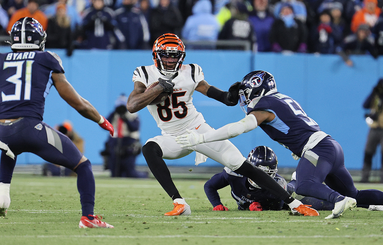 Tee Higgins # 85 of the Cincinnati Bengals against the Tennessee Titans during the AFC Divisional Playoff at Nissan Stadium on January 22, in Nashville, Tennessee. 