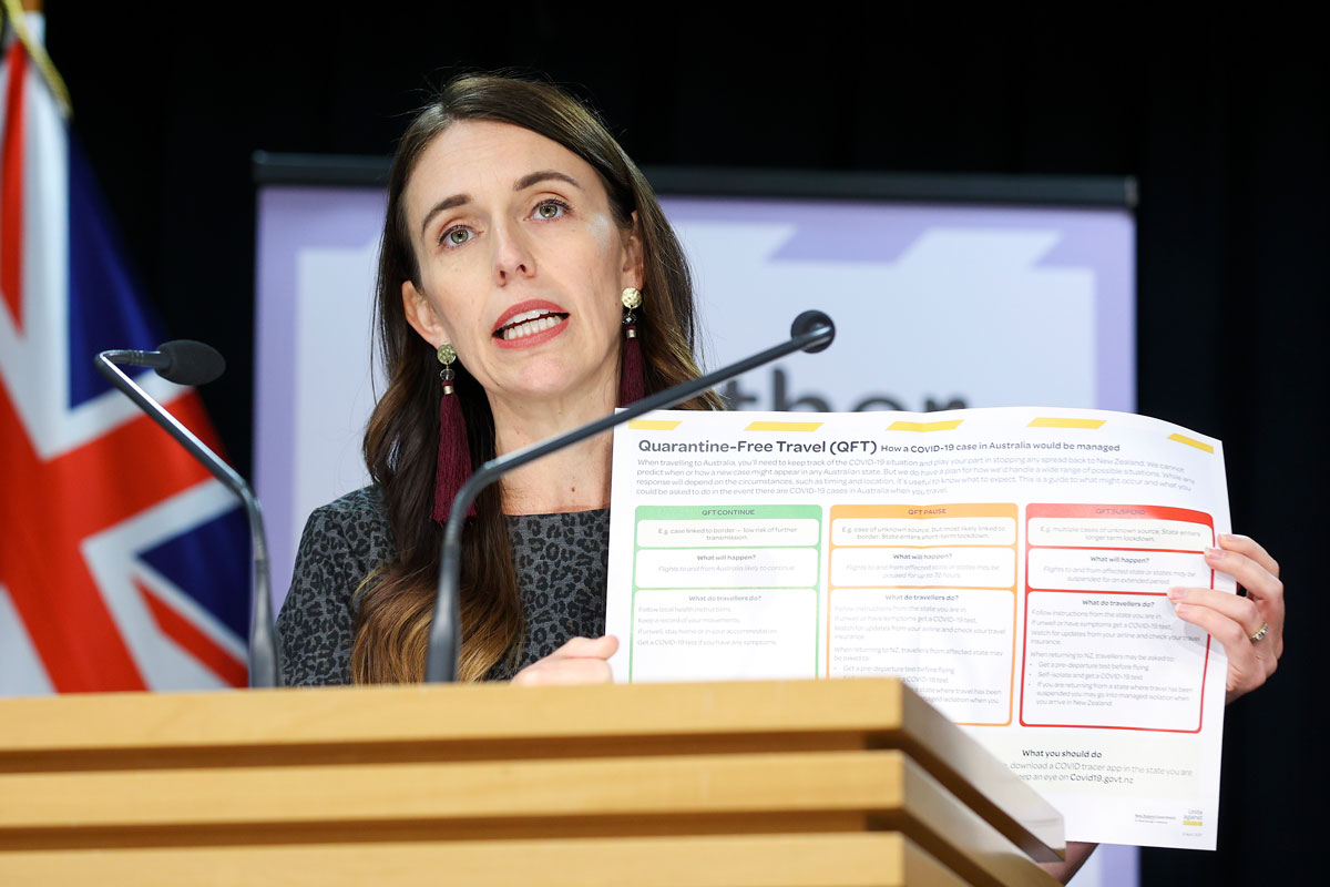 Prime Minister Jacinda Ardern announces plans for a quarantine-free travel bubble with Australia during a news conference on April 6 in Wellington, New Zealand.