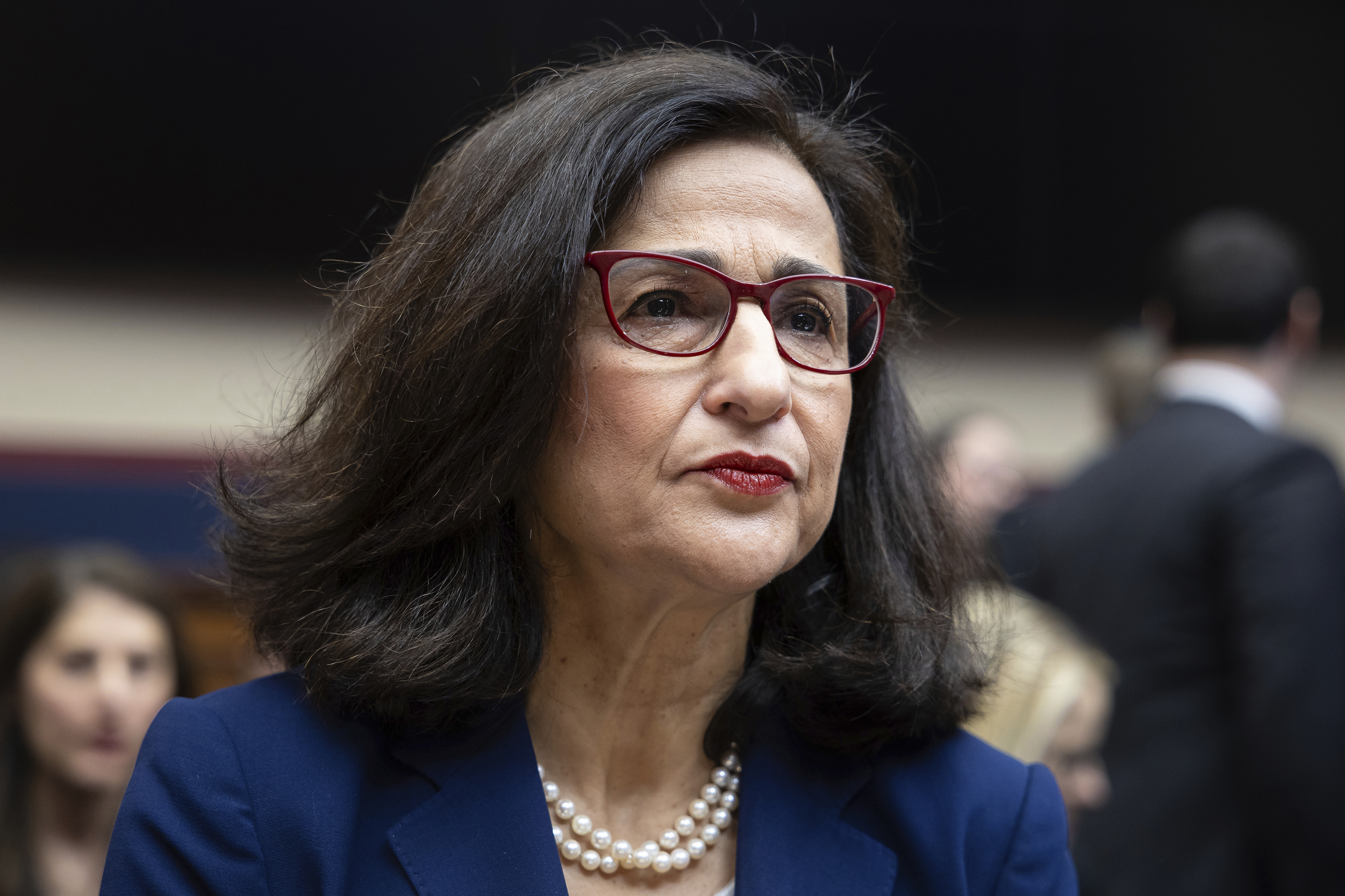 Columbia University President Nemat "Minouche" Shafik prepares to testify before the House Education and Workforce Committee during a hearing on Columbia University's response to antisemitism on April 17, in Washington, DC.