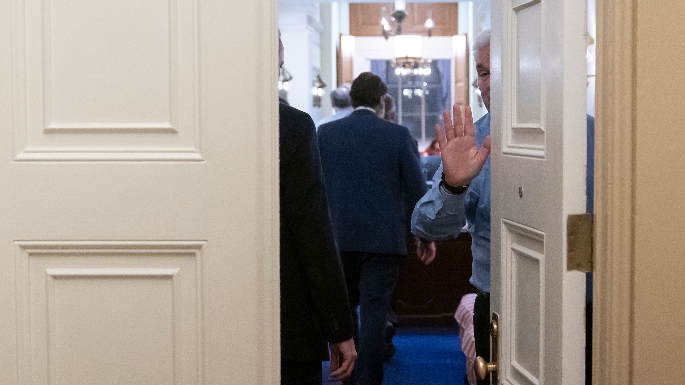 US Rep. Tom Emmer, a Republican from Minnesota, waves as members go behind closed doors to negotiate after Tuesday's failed votes.