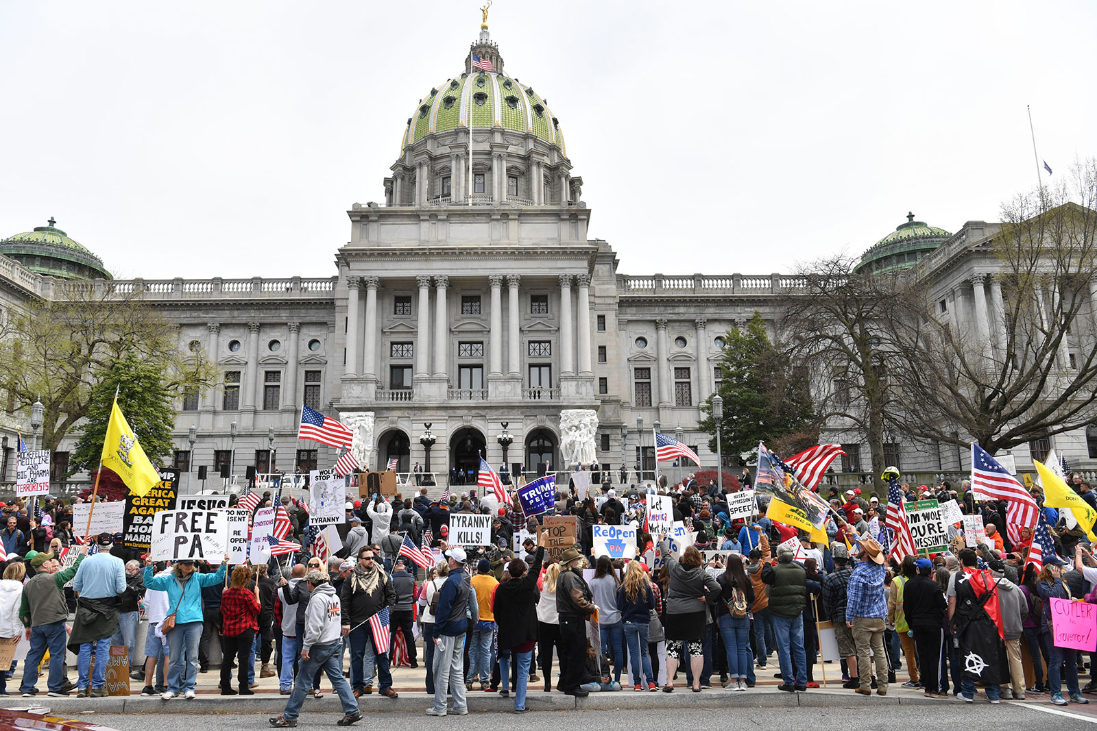 People take part in a "reopen" Pennsylvania demonstration on April 20 in Harrisburg, Pennsylvania. 
