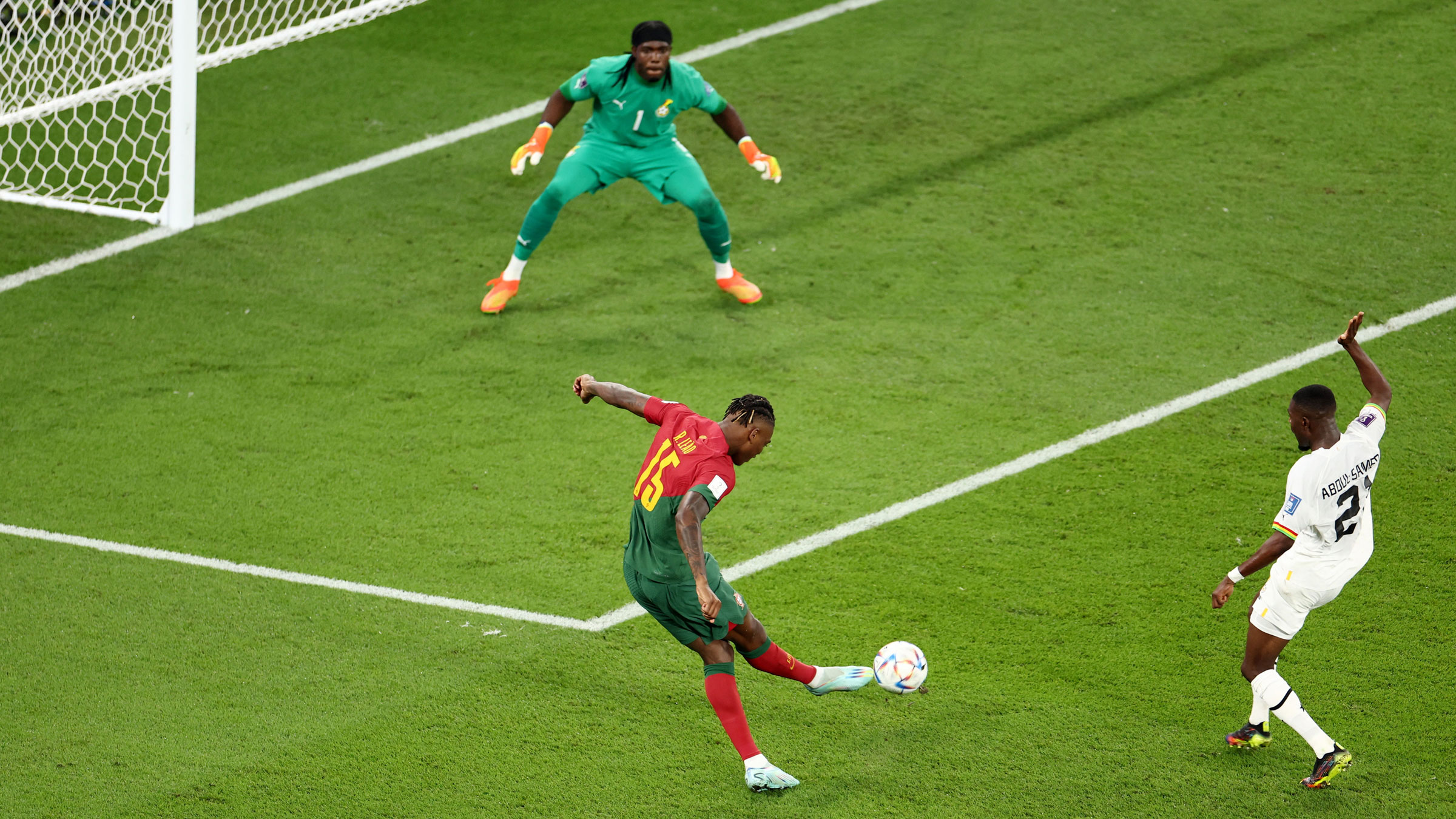 Rafael Leão scores Portugal's third goal Thursday.