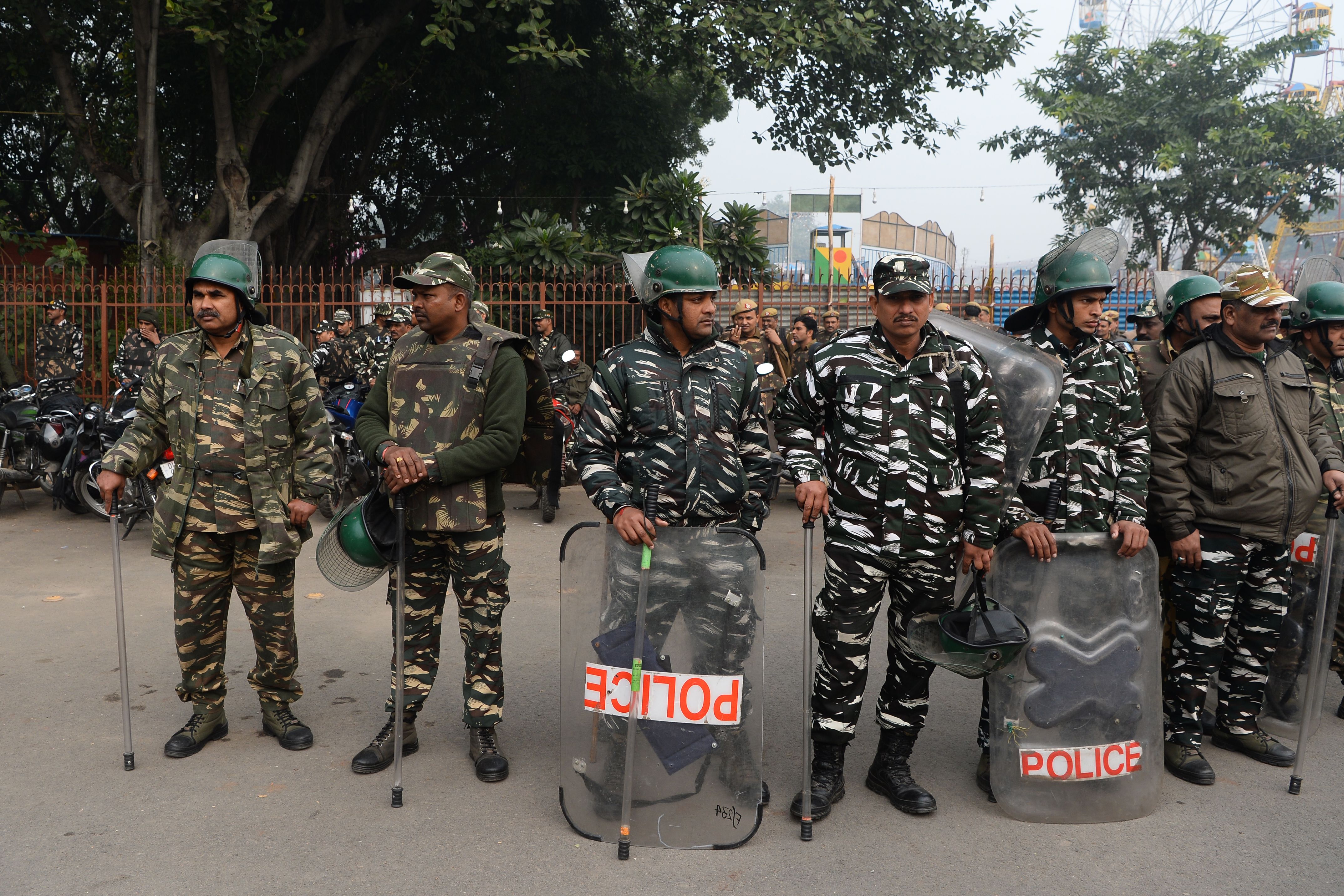 Police and security forces gather near Red Fort, New Delhi, at a demonstration on December 19, 2019.