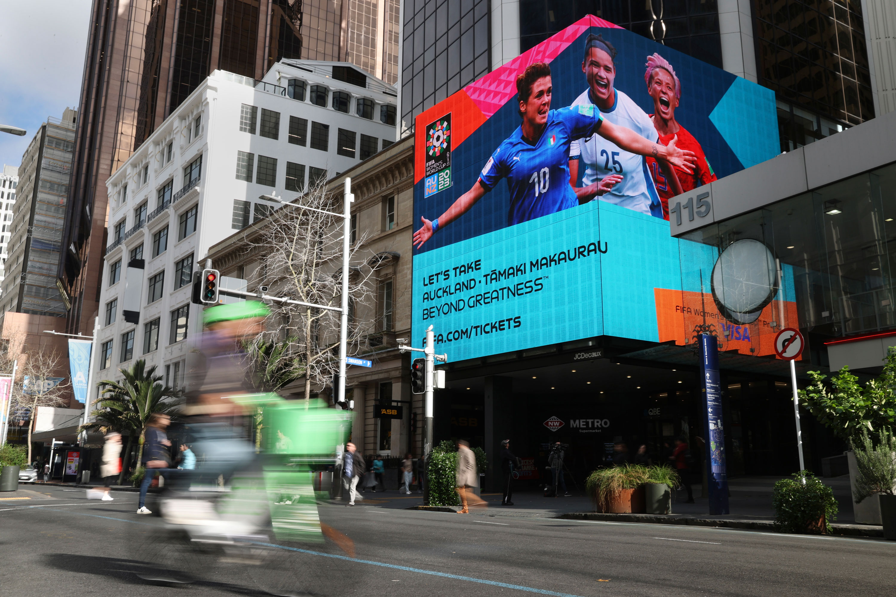 A FIFA Women's World Cup billboard is seen in the central business district ahead of the opening match in Auckland, New Zealand, on July 19, 2023.