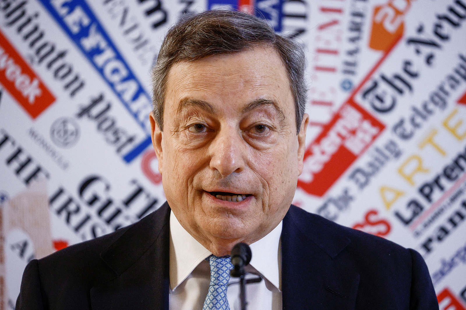Italian Prime Minister Mario Draghi speaks during a news conference at Foreign Press Association in Rome, Italy, on March 31.