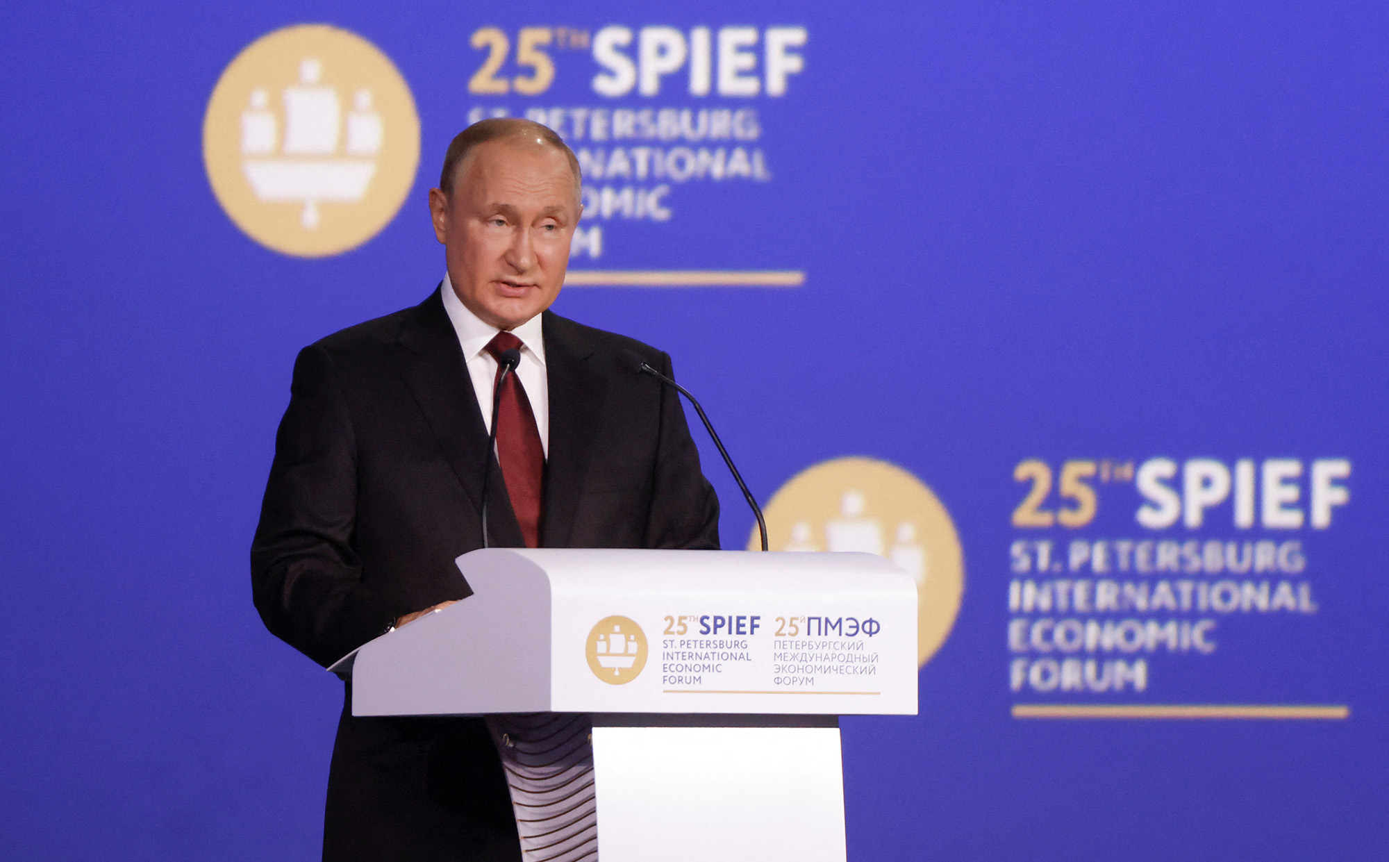 Russian President Vladimir Putin delivers a speech during a session of the St. Petersburg International Economic Forum (SPIEF) in Saint Petersburg, Russia, on June 17.