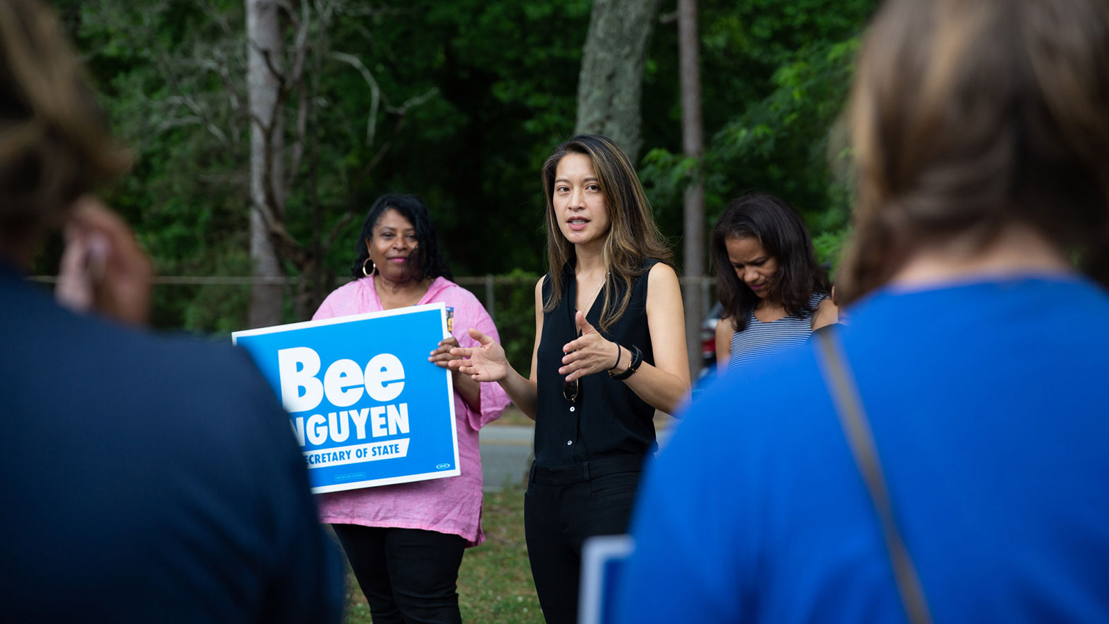 Georgia state Representative Bee Nguyen speaks to volunteers at Adams Park prior to canvassing in Atlanta, Georgia, on May 21.