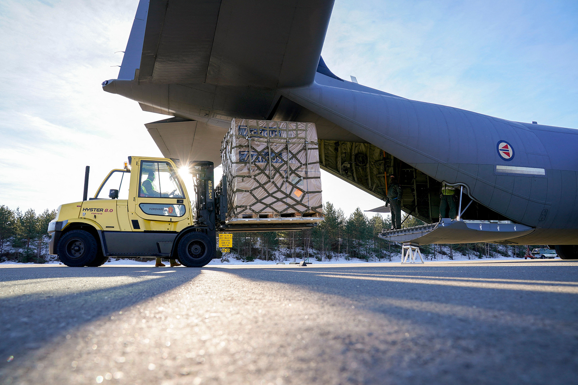 Norwegian M72 anti-tank missiles are loaded on a transport plane for delivery to Ukraine on March 3, in Oslo, Norway.