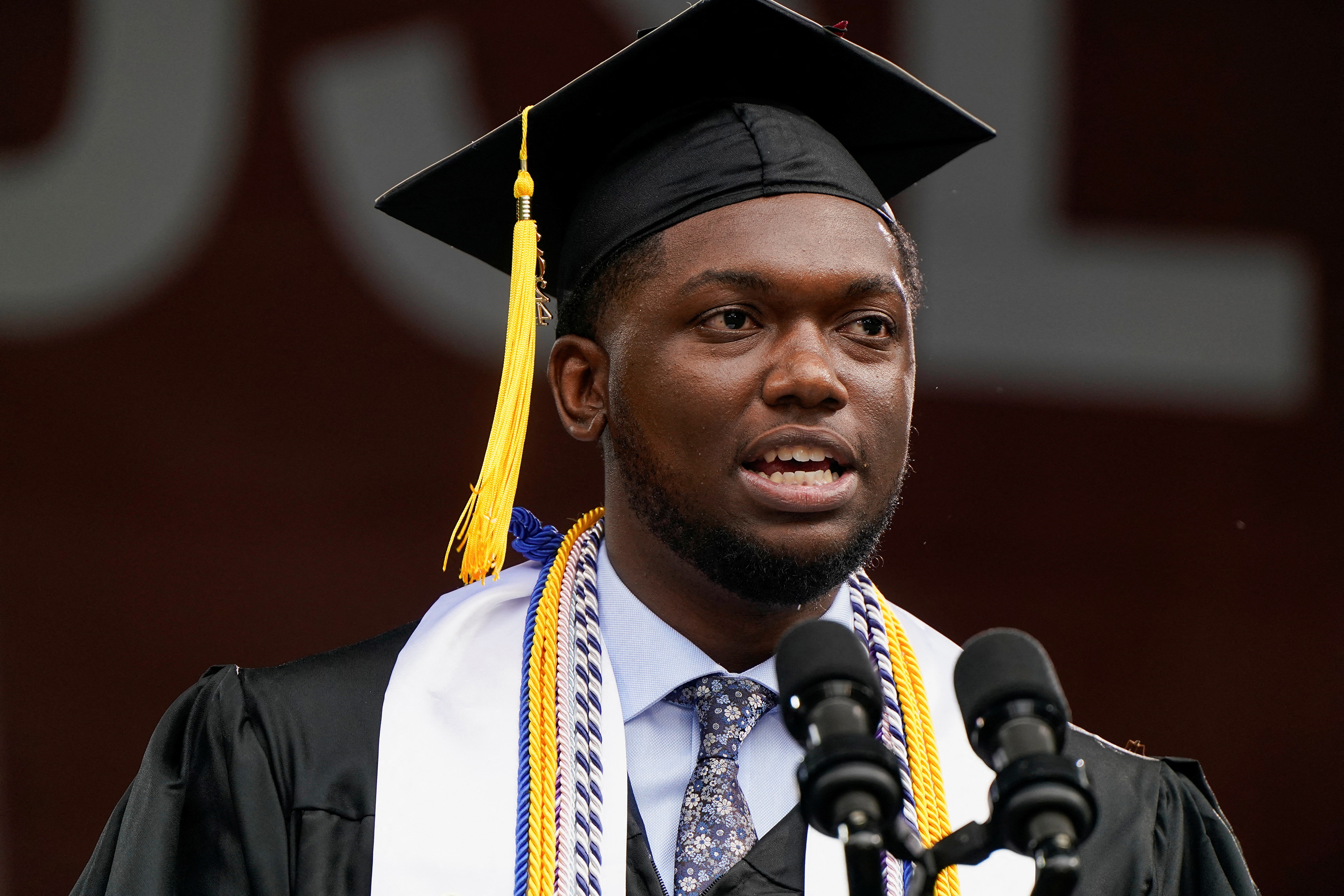 Morehouse College valedictorian DeAngelo Fletcher speaks during the commencement in Atlanta on May 19.