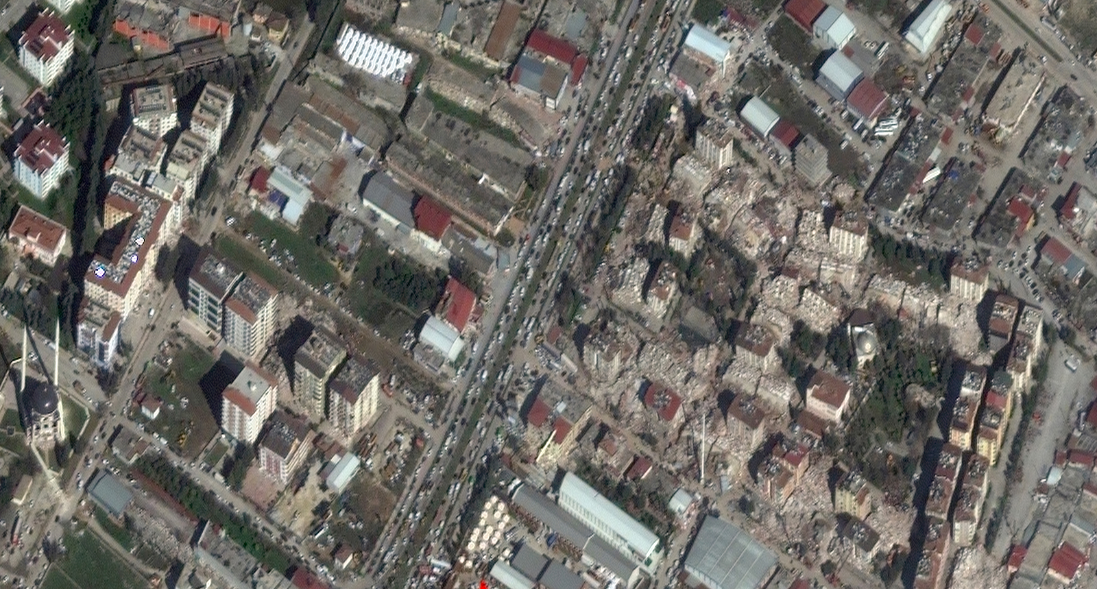 A satellite image shows buildings damaged after an earthquake in Antakya, Turkey.
