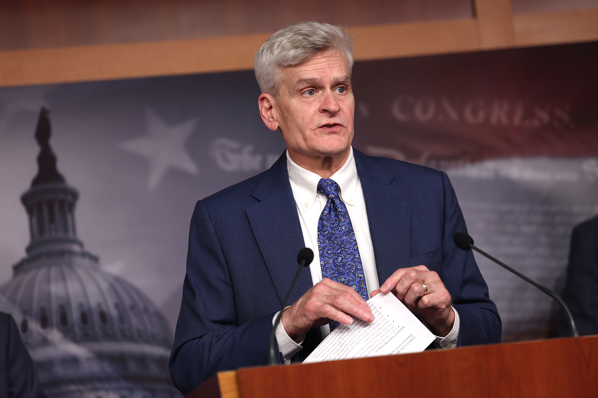 Sen. Bill Cassidy speaks at a press conference on student loans at the U.S. Capitol on June 14, 2023 in Washington, DC.