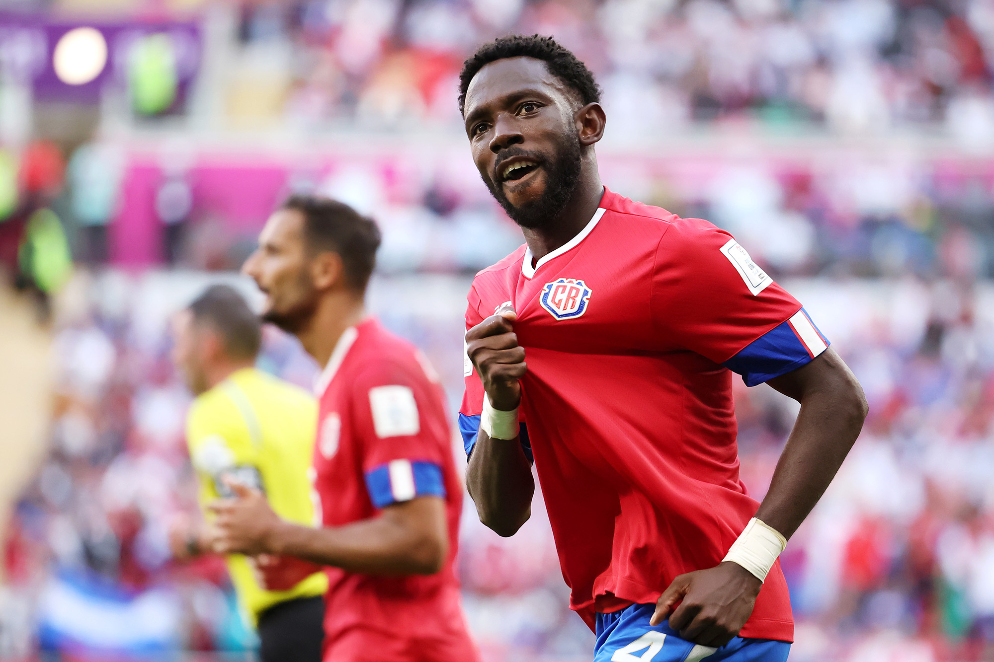 Keysher Fuller of Costa Rica celebrates after scoring their team's first goal during the FIFA World Cup Qatar 2022 Group E match between Japan and Costa Rica at Ahmad Bin Ali Stadium on November 27.