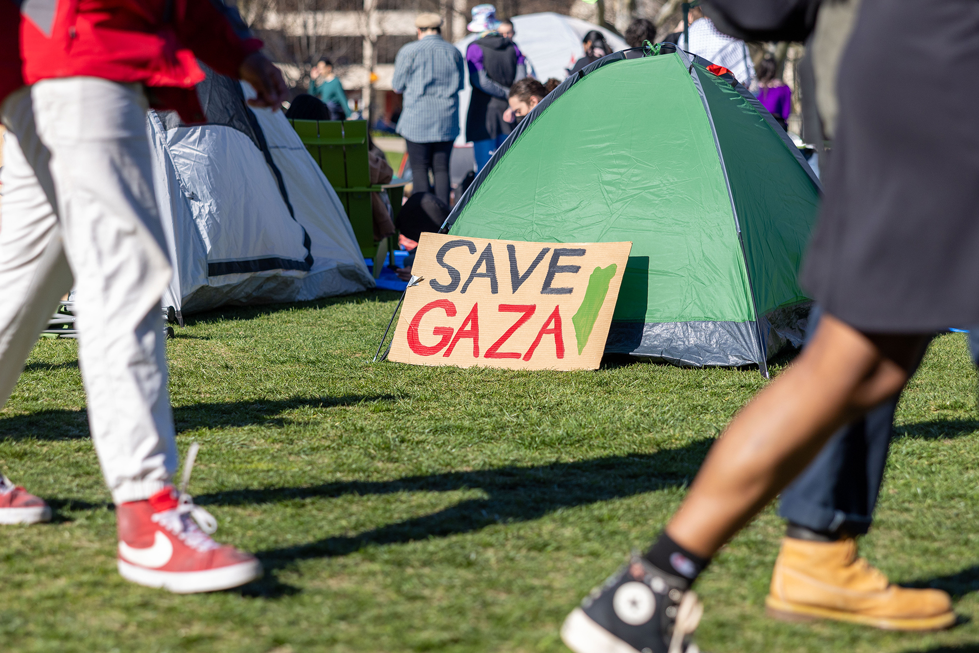 Students from Massachusetts of Technology, Harvard University and others rally at a protest encampment by The Scientists Against Genocide on Massachusetts Institute of Technology's Kresge Lawn on April 22 in Cambridge, Massachusetts. The encampment was set up to protest Israel's military campaign in Gaza and the university's relationship with the Israel Defense Forces. 