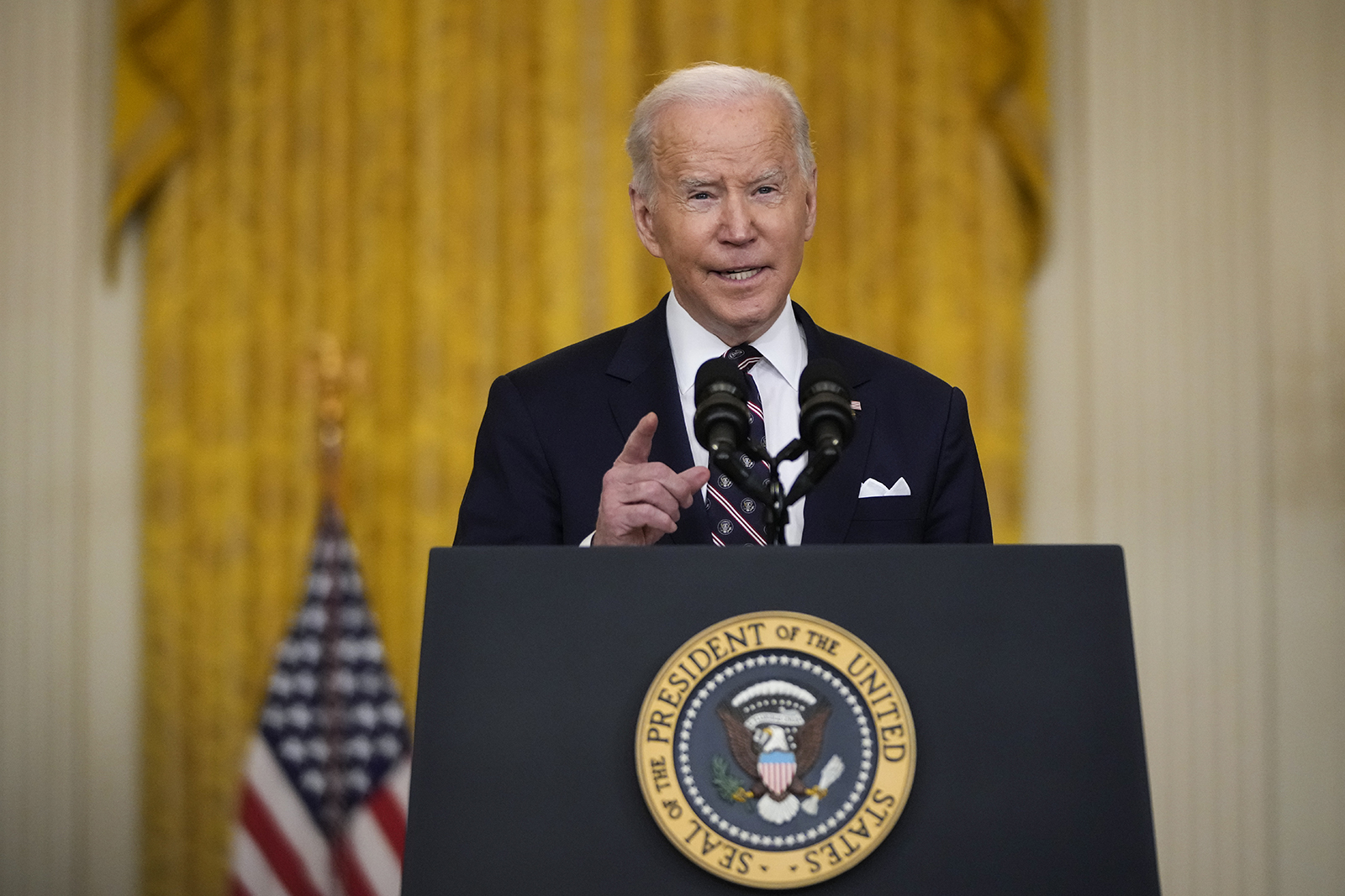 U.S. President Joe Biden delivers remarks on developments in Ukraine and Russia, and announces sanctions against Russia, from the East Room of the White House February 22, in Washington, DC. 