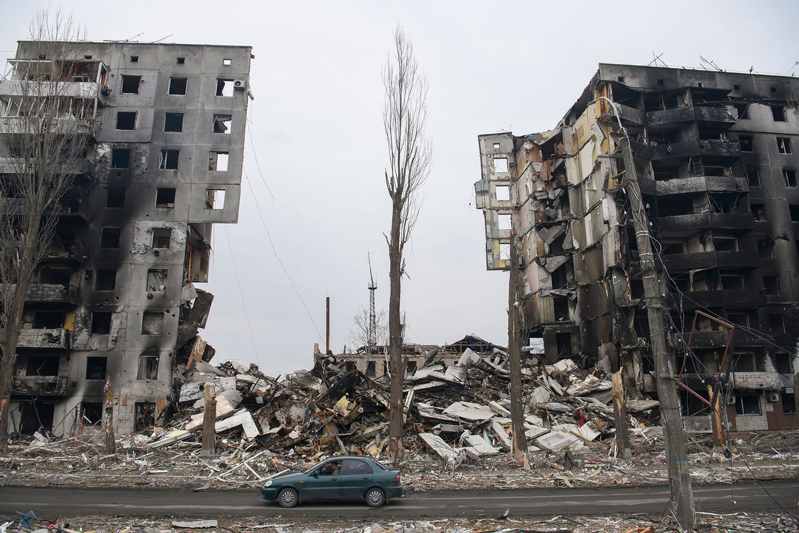 Residential buildings destroyed in the town of Borodianka are seen on Tuesday, April 5.